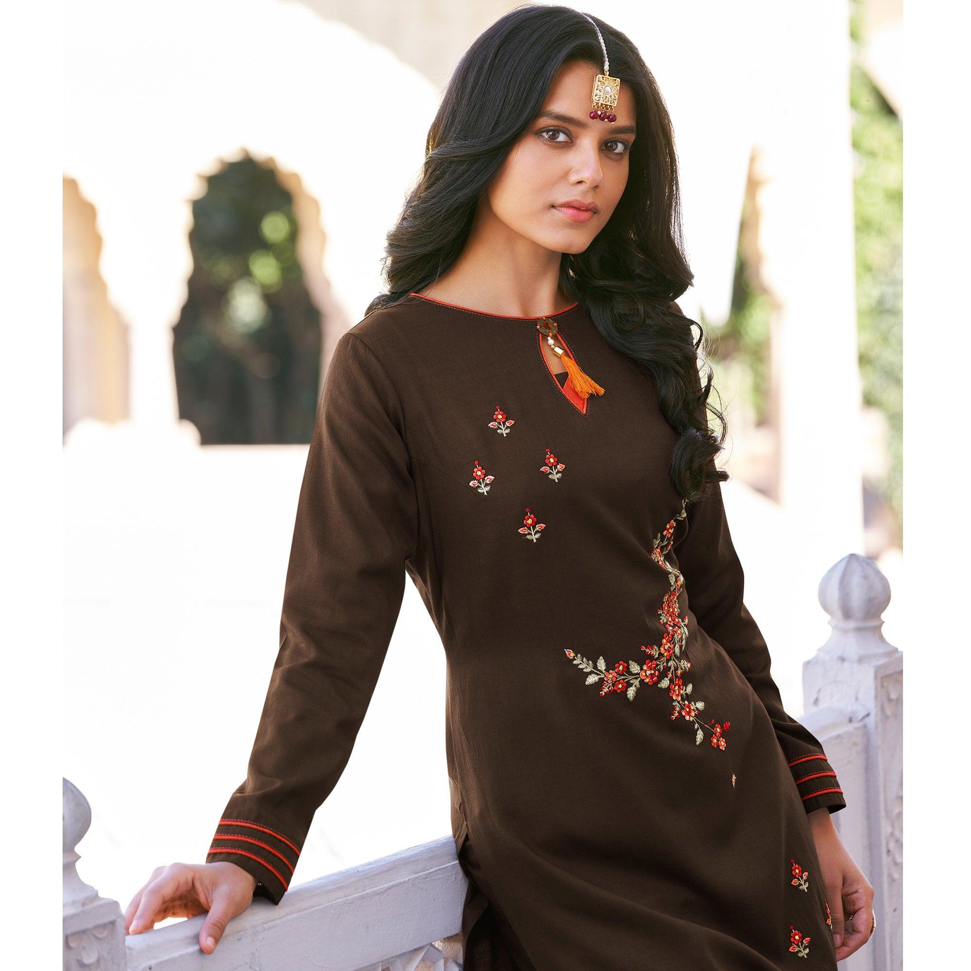 Brown Casual Wear Floral Embroidered Silk Two Tone Palazzo Suit - Peachmode