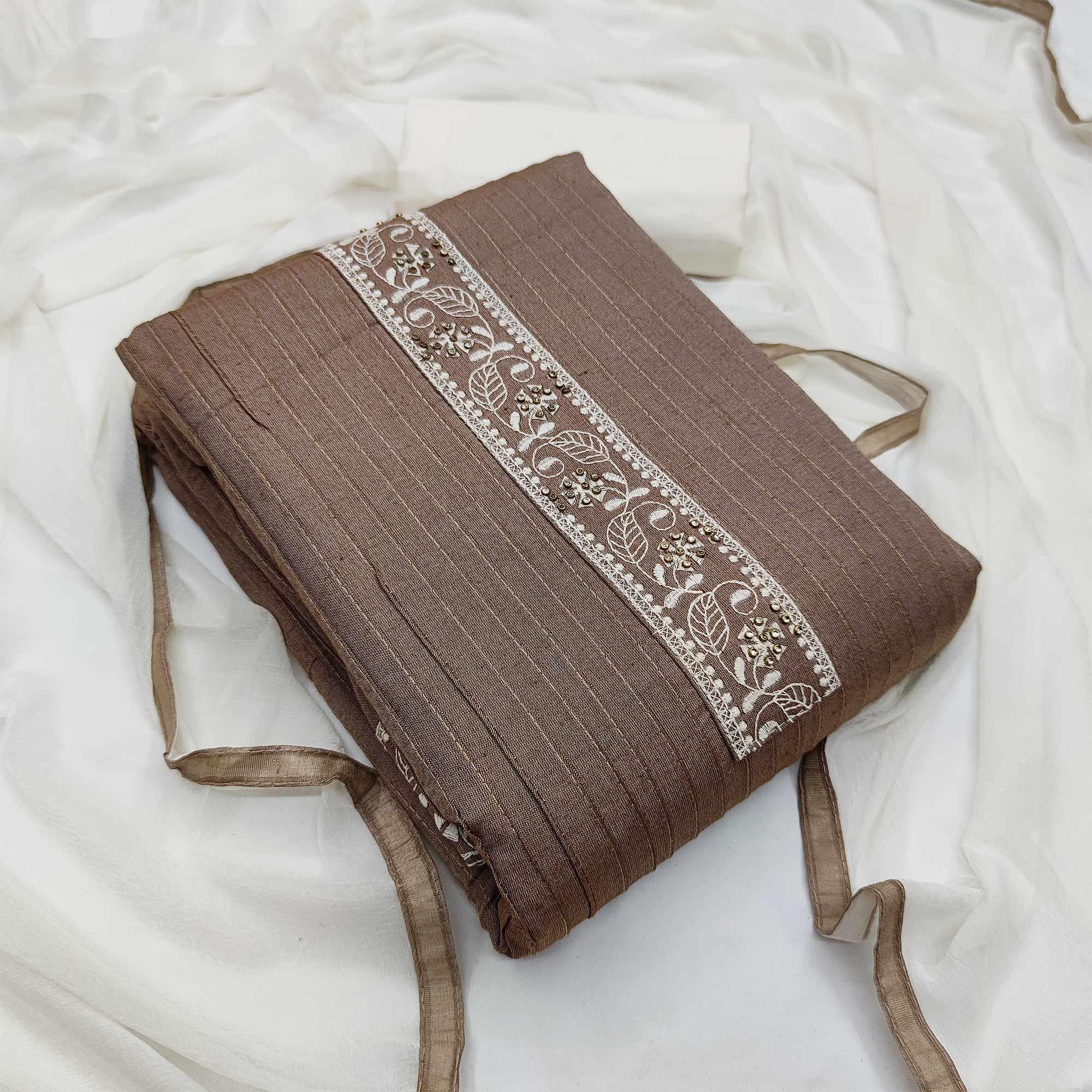 Brown Casual Wear Floral Embroidery Cotton Dress Material - Peachmode