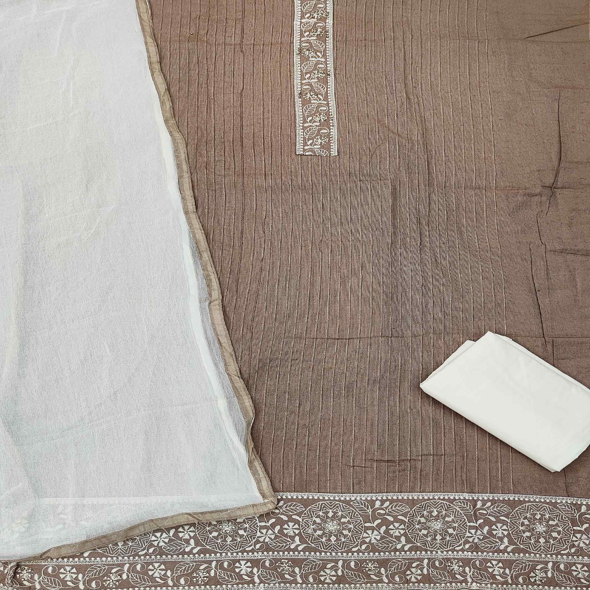 Brown Casual Wear Floral Embroidery Cotton Dress Material - Peachmode