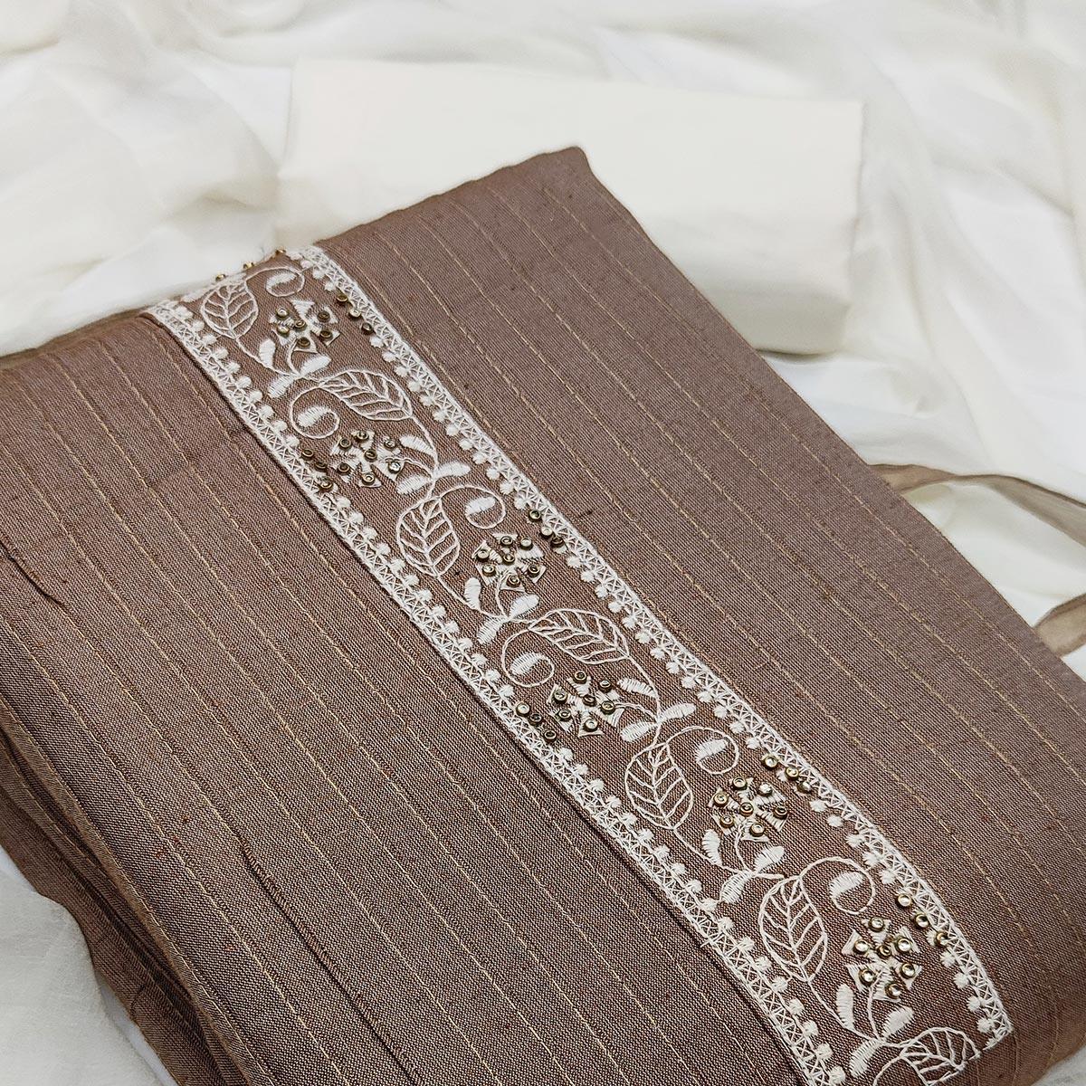 Brown Casual Wear Floral Embroidery Cotton Dress Material - Peachmode