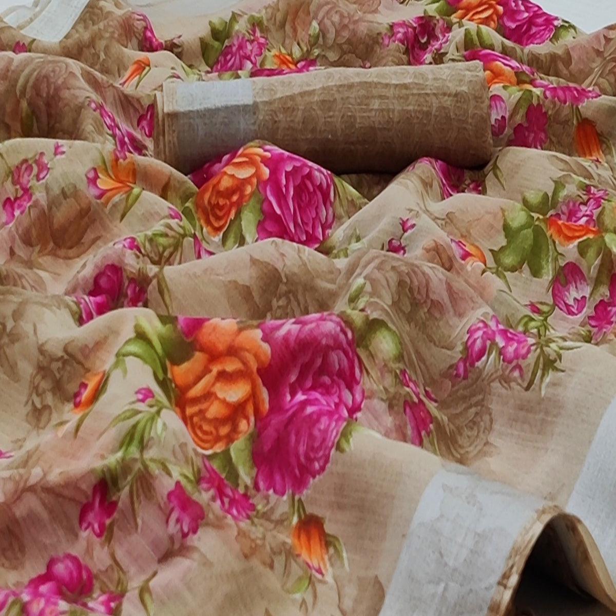 Brown Casual Wear Floral Mill Printed Cotton Saree With Zari Border - Peachmode