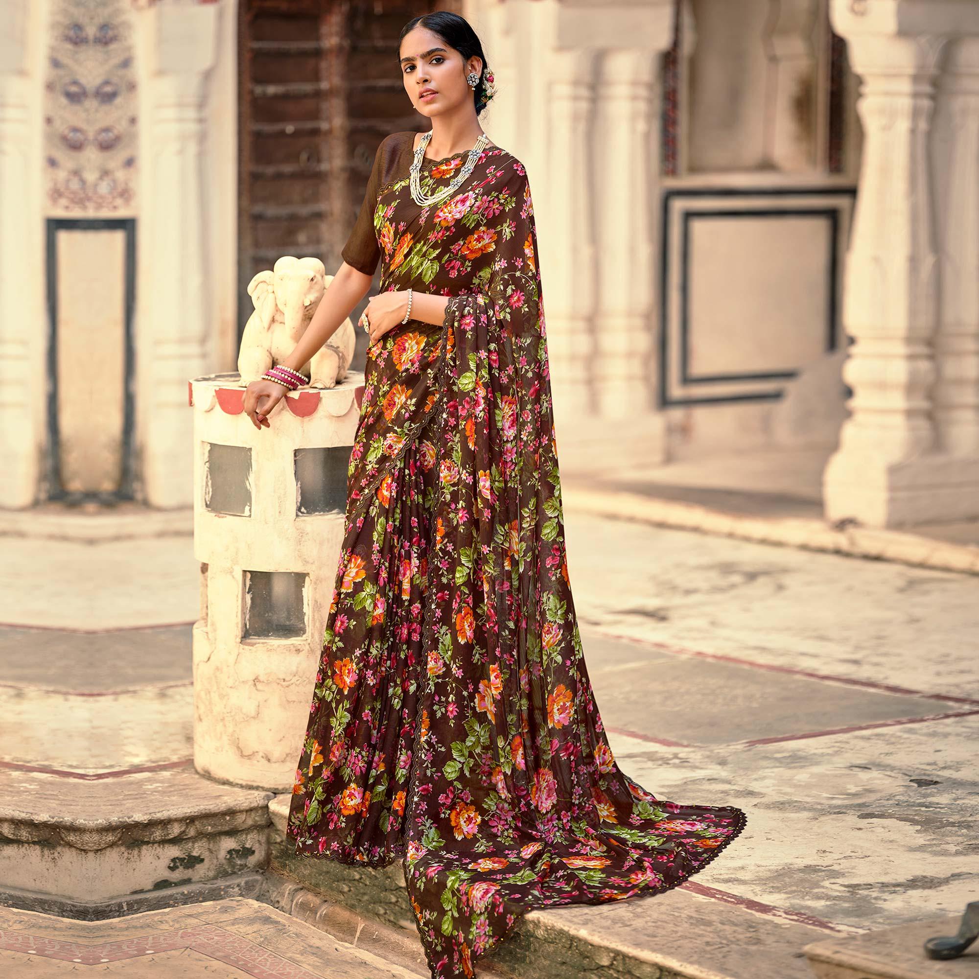 Brown Casual Wear Floral Printed Alfino Saree With Fancy Diamond Lace - Peachmode