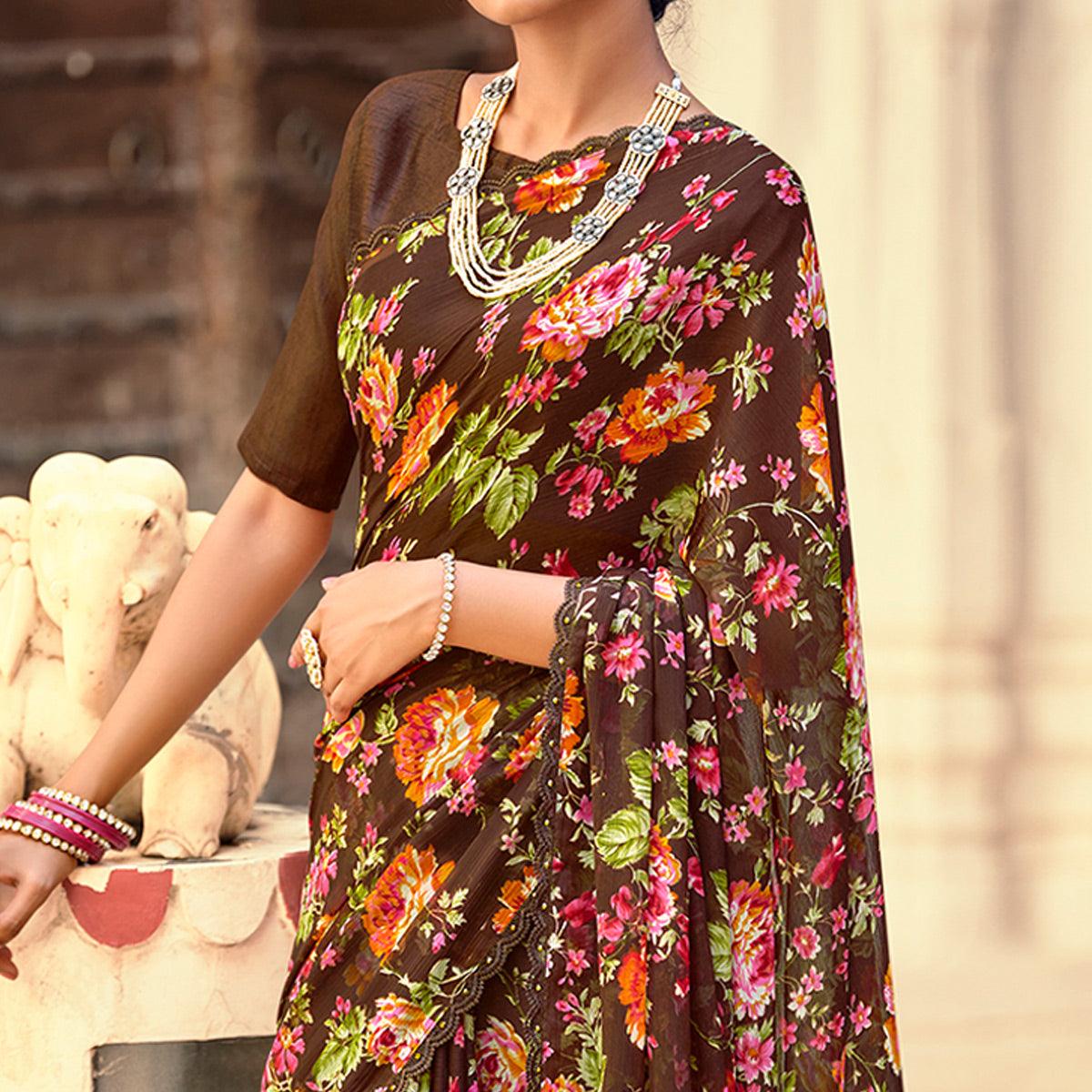 Brown Casual Wear Floral Printed Alfino Saree With Fancy Diamond Lace - Peachmode
