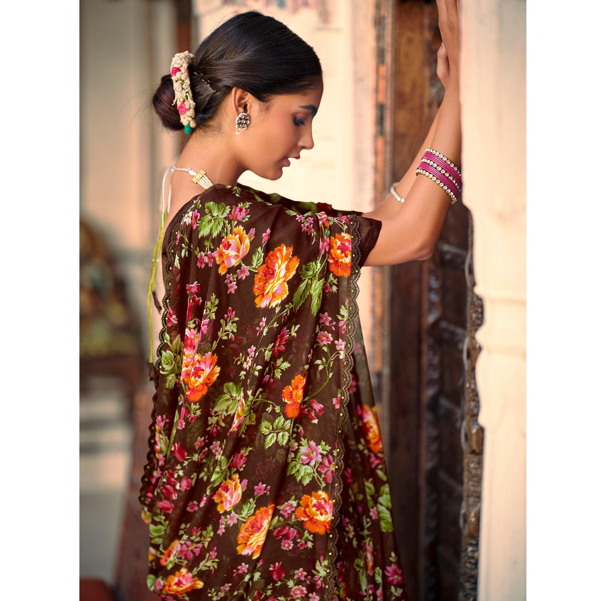 Brown Casual Wear Floral Printed Alfino Saree With Fancy Diamond Lace - Peachmode