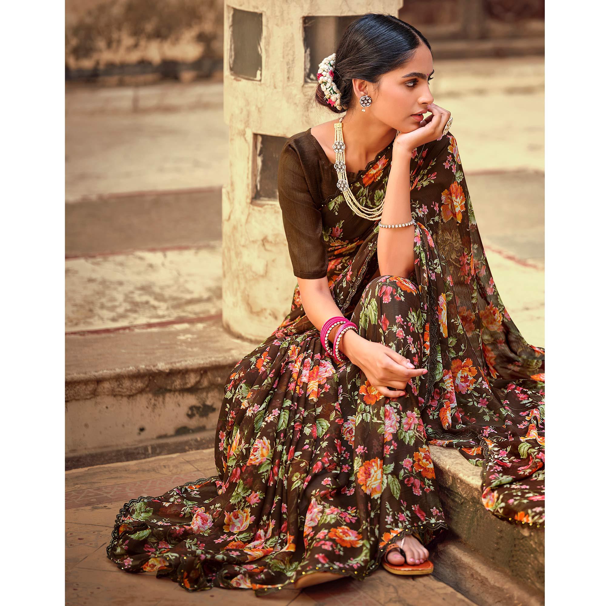 Brown Casual Wear Floral Printed Alfino Saree With Fancy Diamond Lace - Peachmode