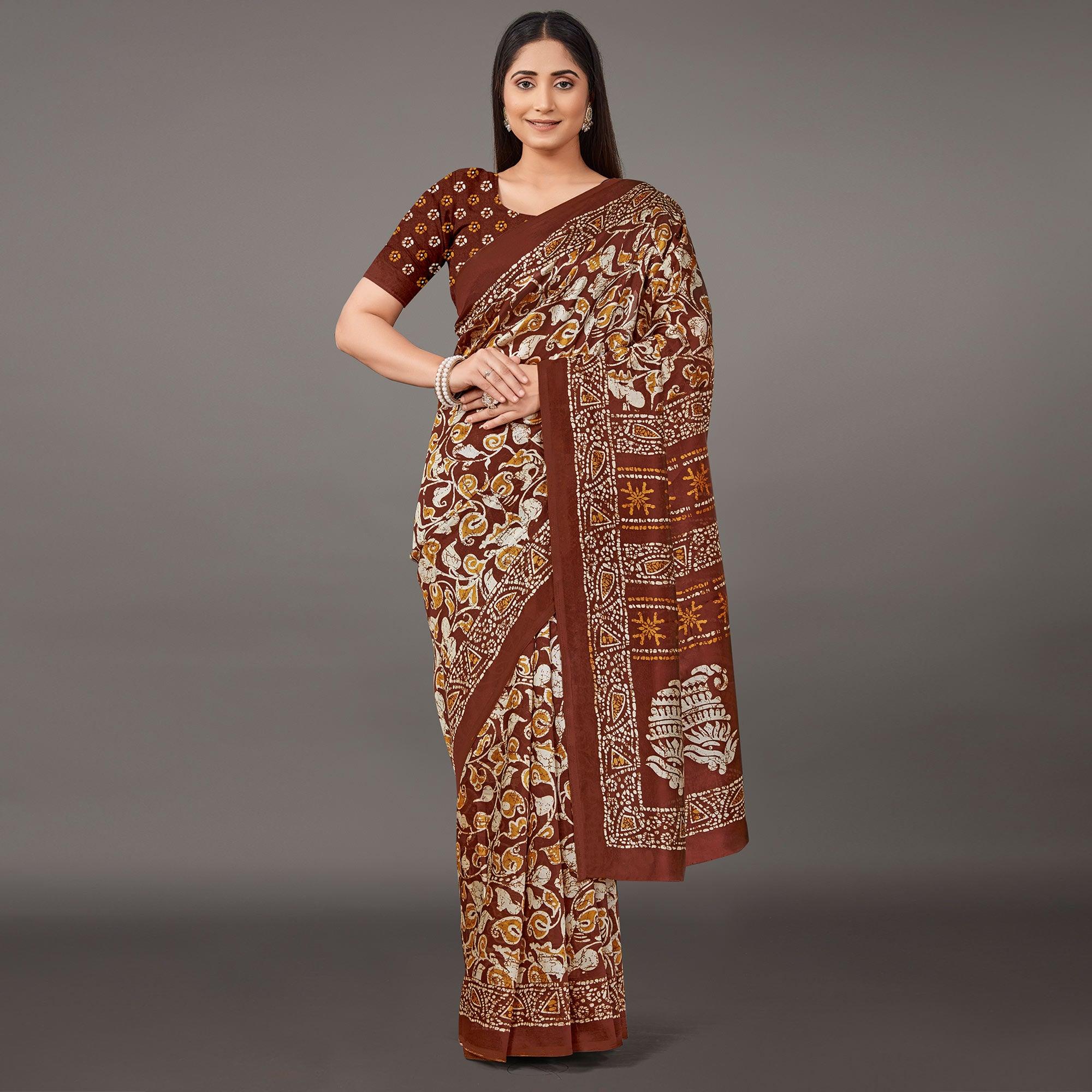 Brown Casual Wear Floral Printed Art Silk Saree - Peachmode