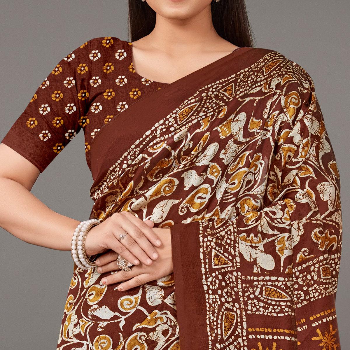 Brown Casual Wear Floral Printed Art Silk Saree - Peachmode