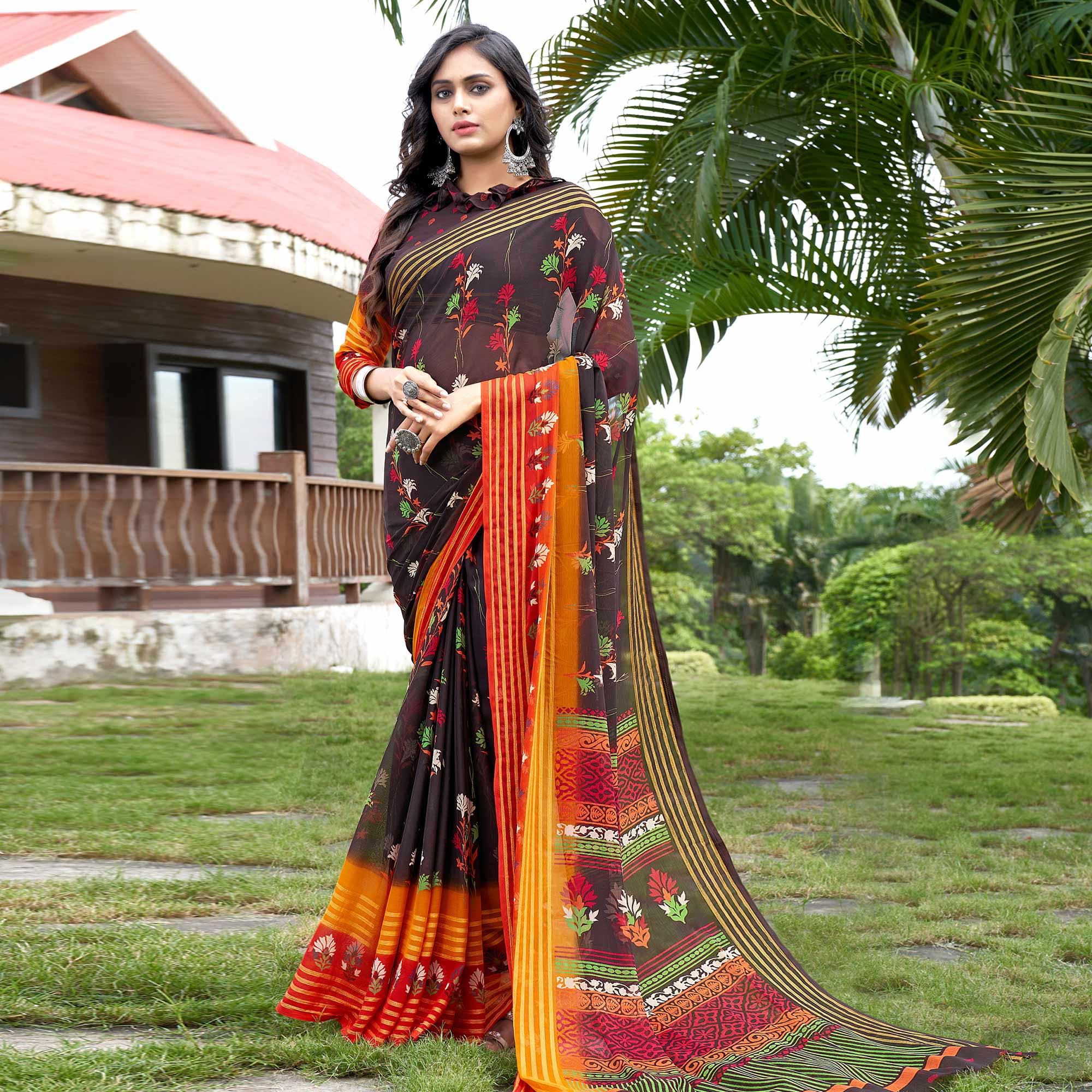 Brown Casual Wear Floral Printed Chiffon Saree - Peachmode