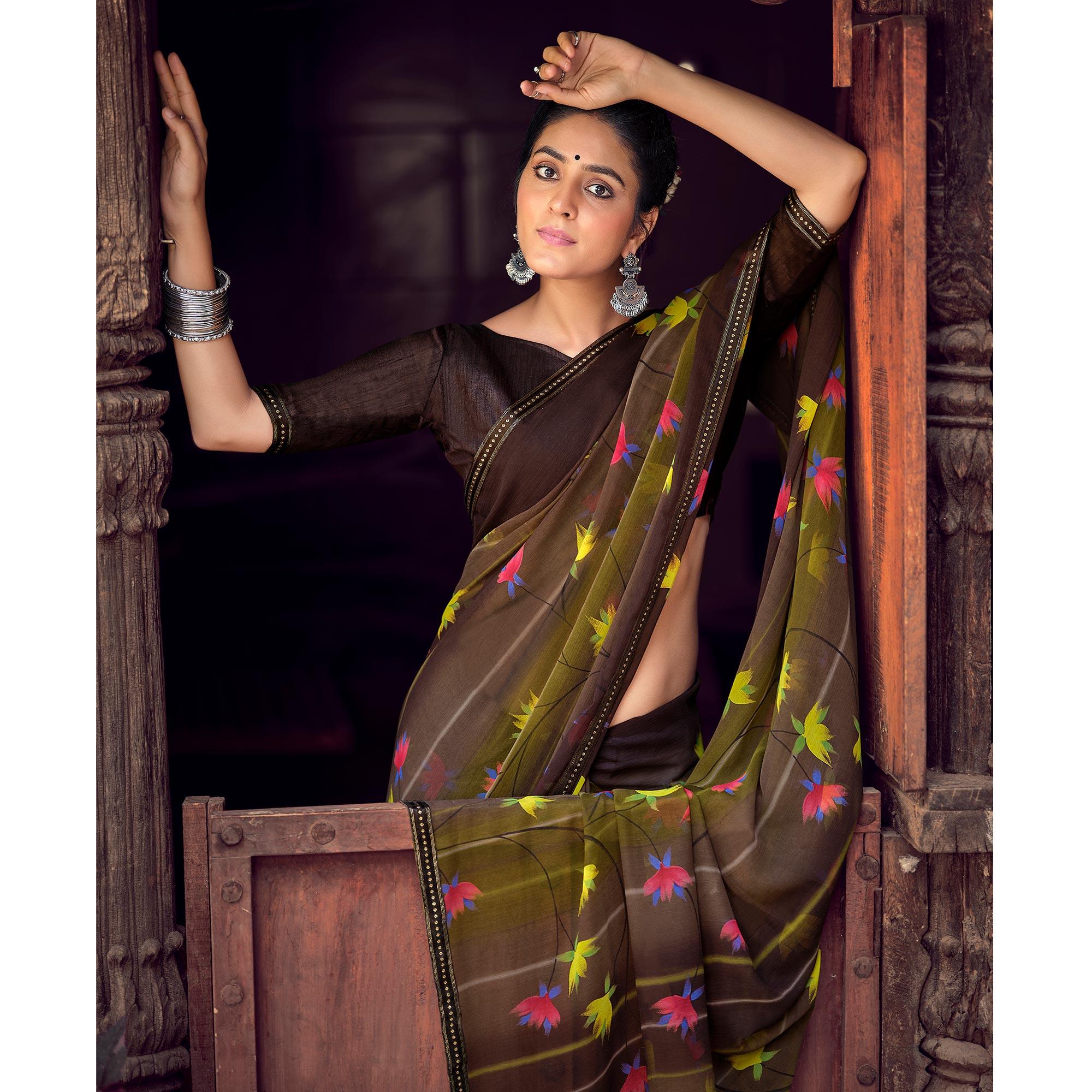 Brown Casual Wear Floral Printed Chiffon Saree With Fancy Blouse - Peachmode
