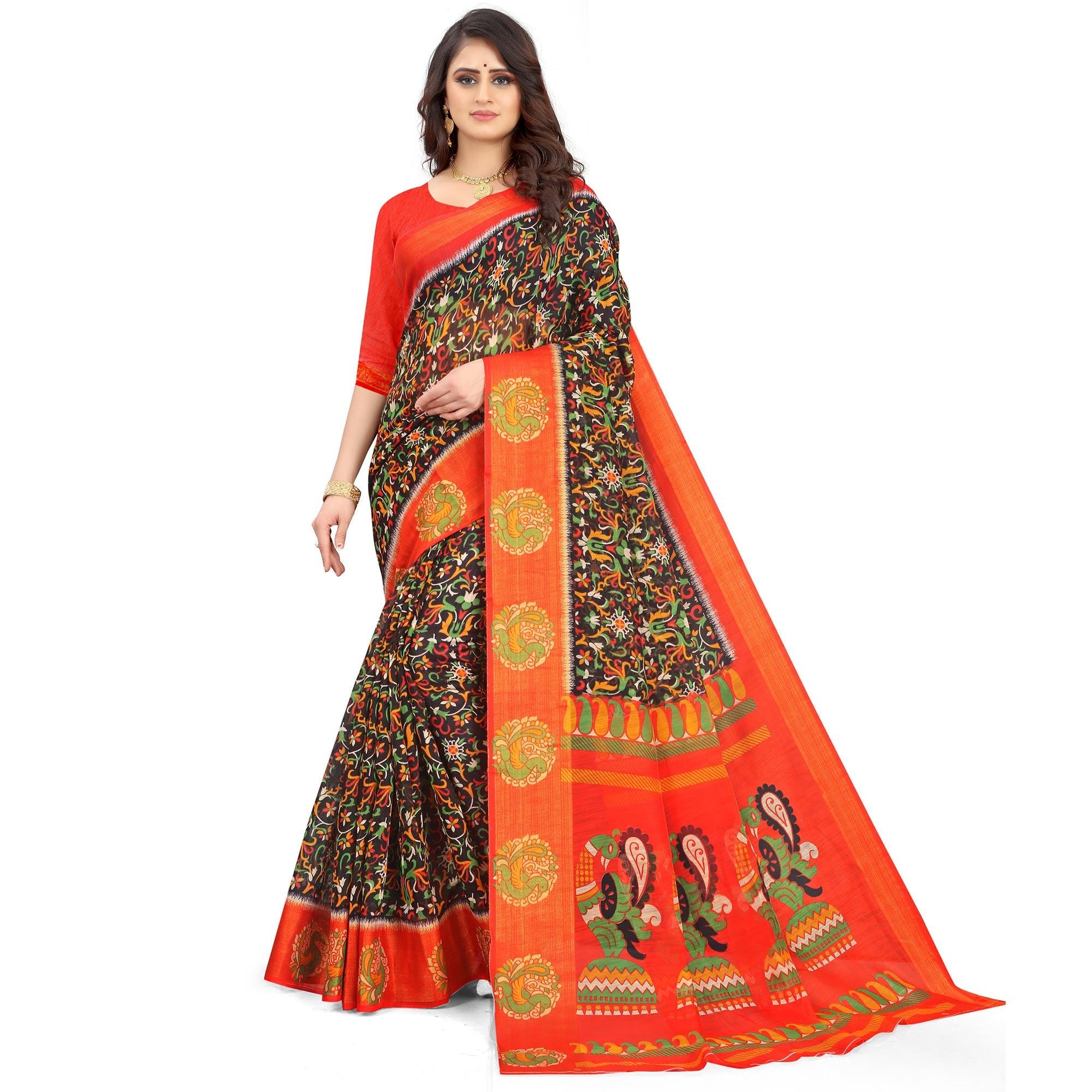 Brown Casual Wear Floral Printed Cotton Linen Saree - Peachmode