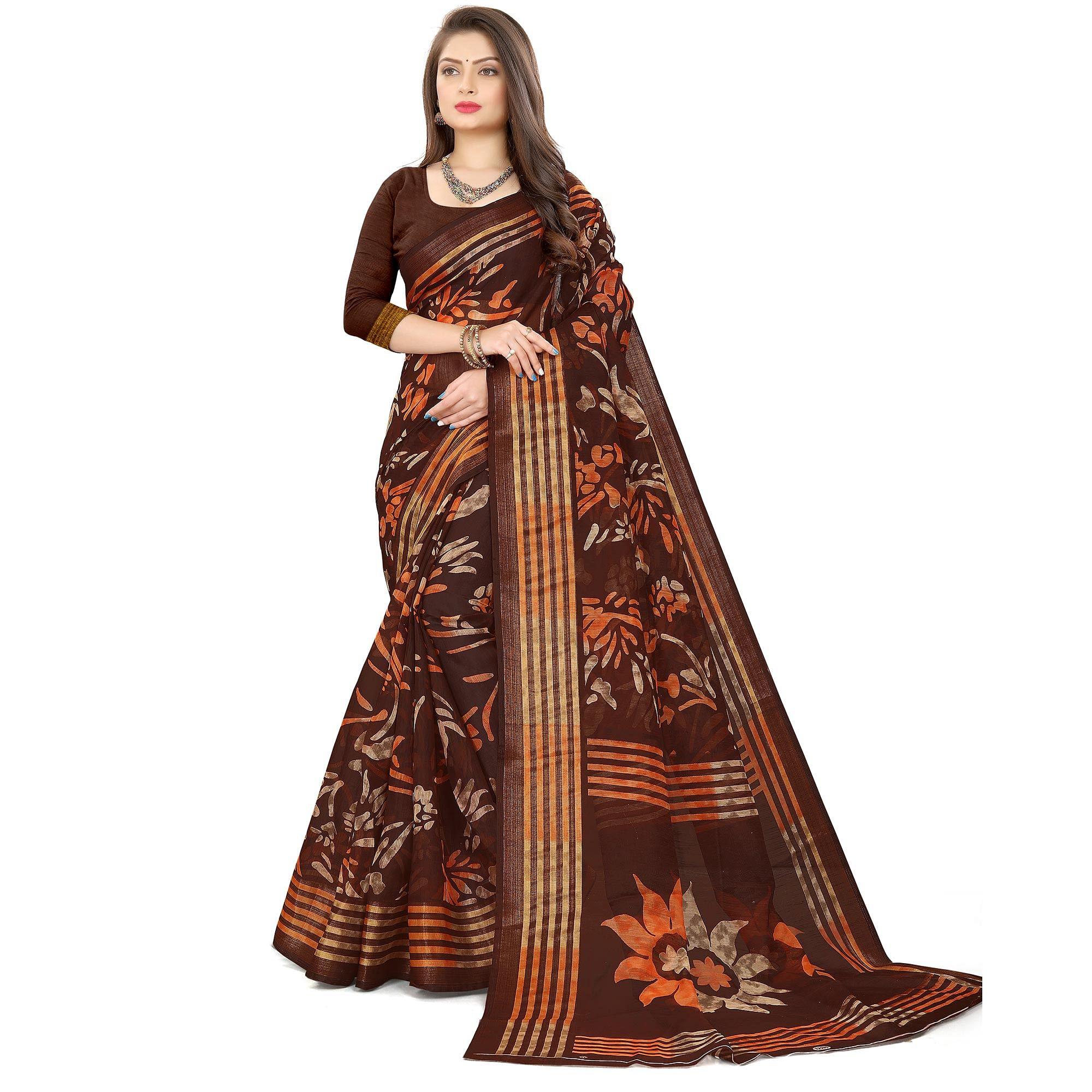 Brown Casual Wear Floral Printed Cotton Linen Saree - Peachmode
