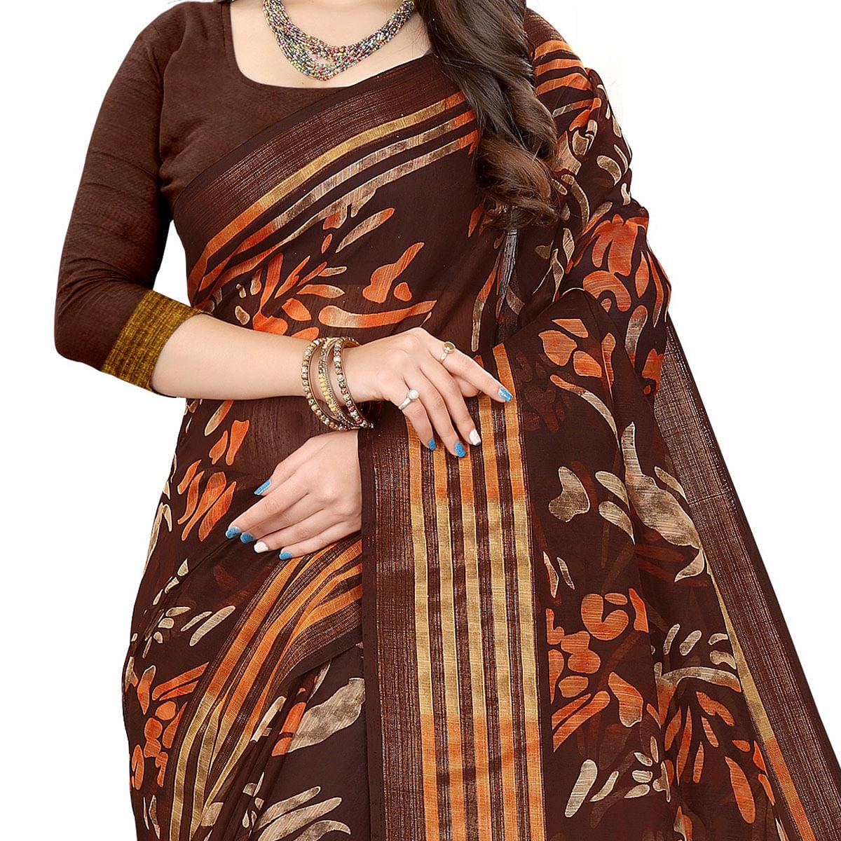 Brown Casual Wear Floral Printed Cotton Linen Saree - Peachmode
