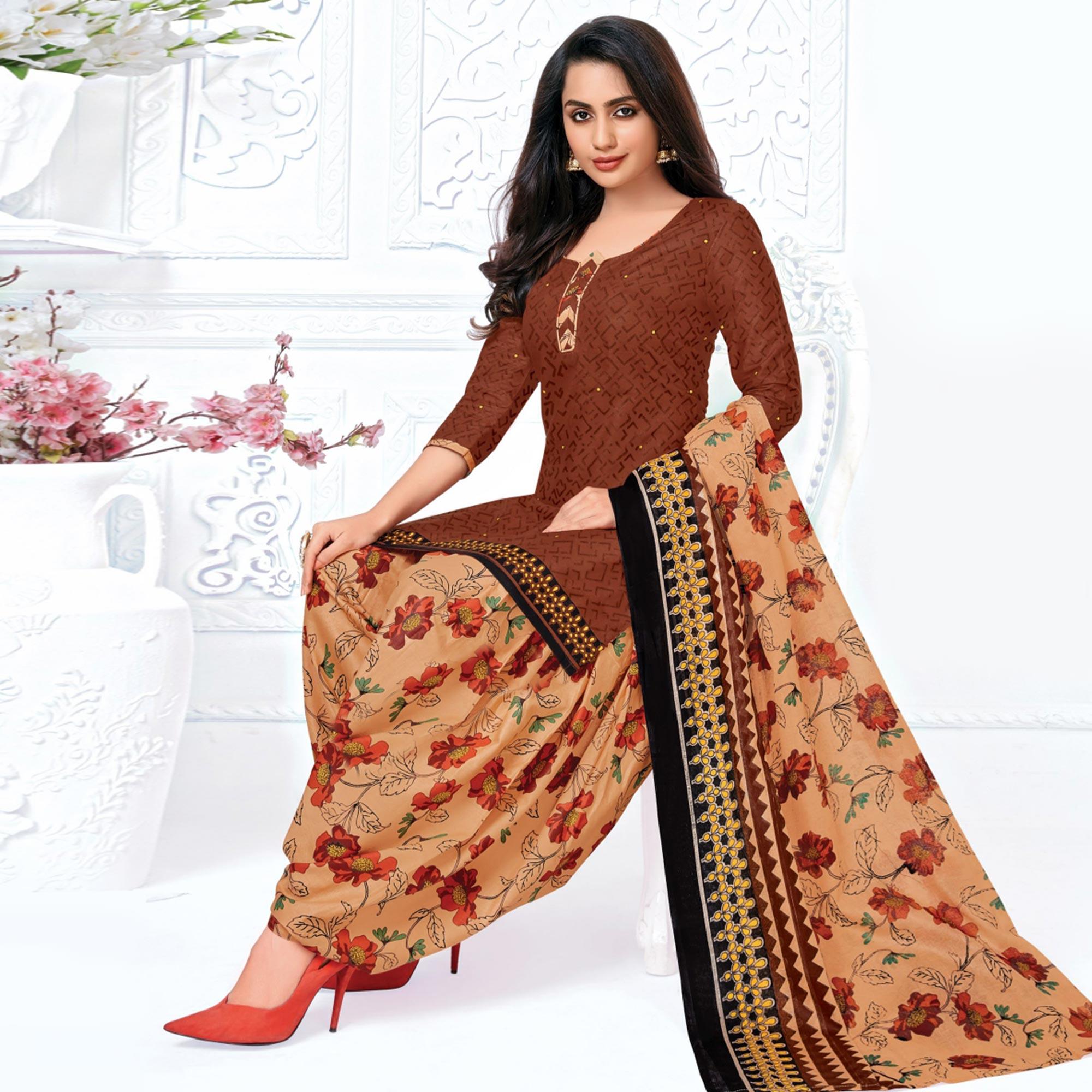 Brown Casual Wear Floral Printed Cotton Patiala Dress Material - Peachmode