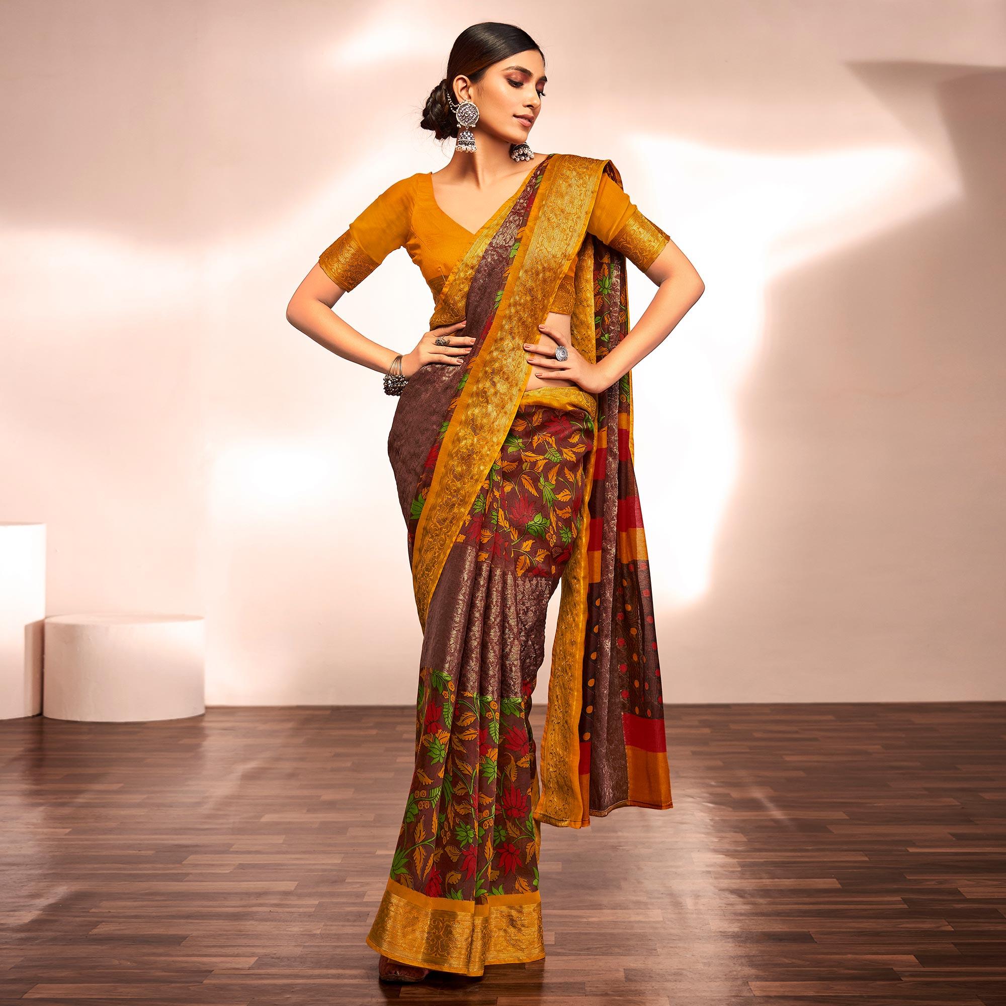 Brown Casual Wear Floral Printed Cotton Silk Saree With Jacquard Border - Peachmode