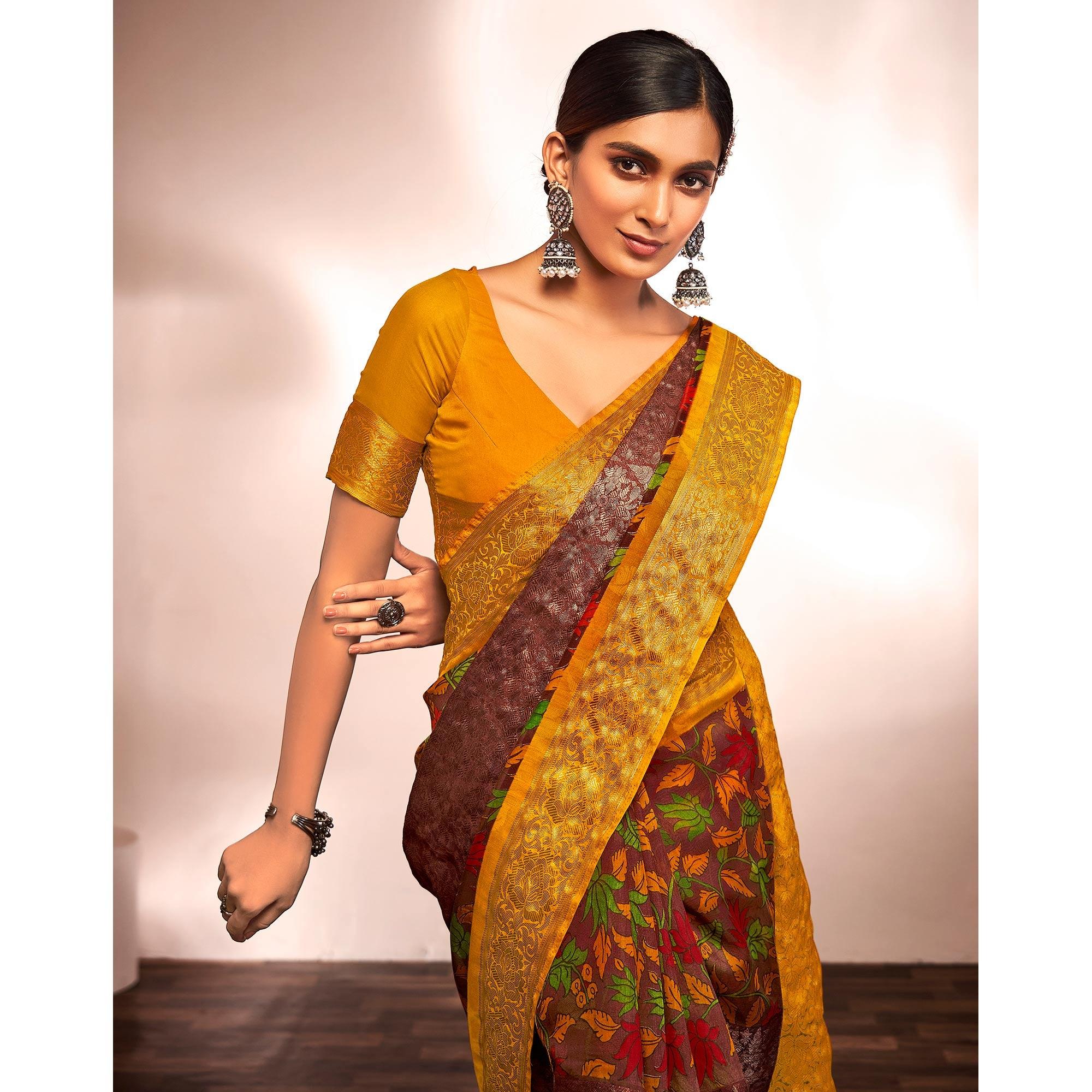 Brown Casual Wear Floral Printed Cotton Silk Saree With Jacquard Border - Peachmode