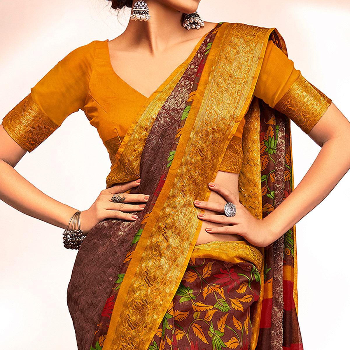 Brown Casual Wear Floral Printed Cotton Silk Saree With Jacquard Border - Peachmode