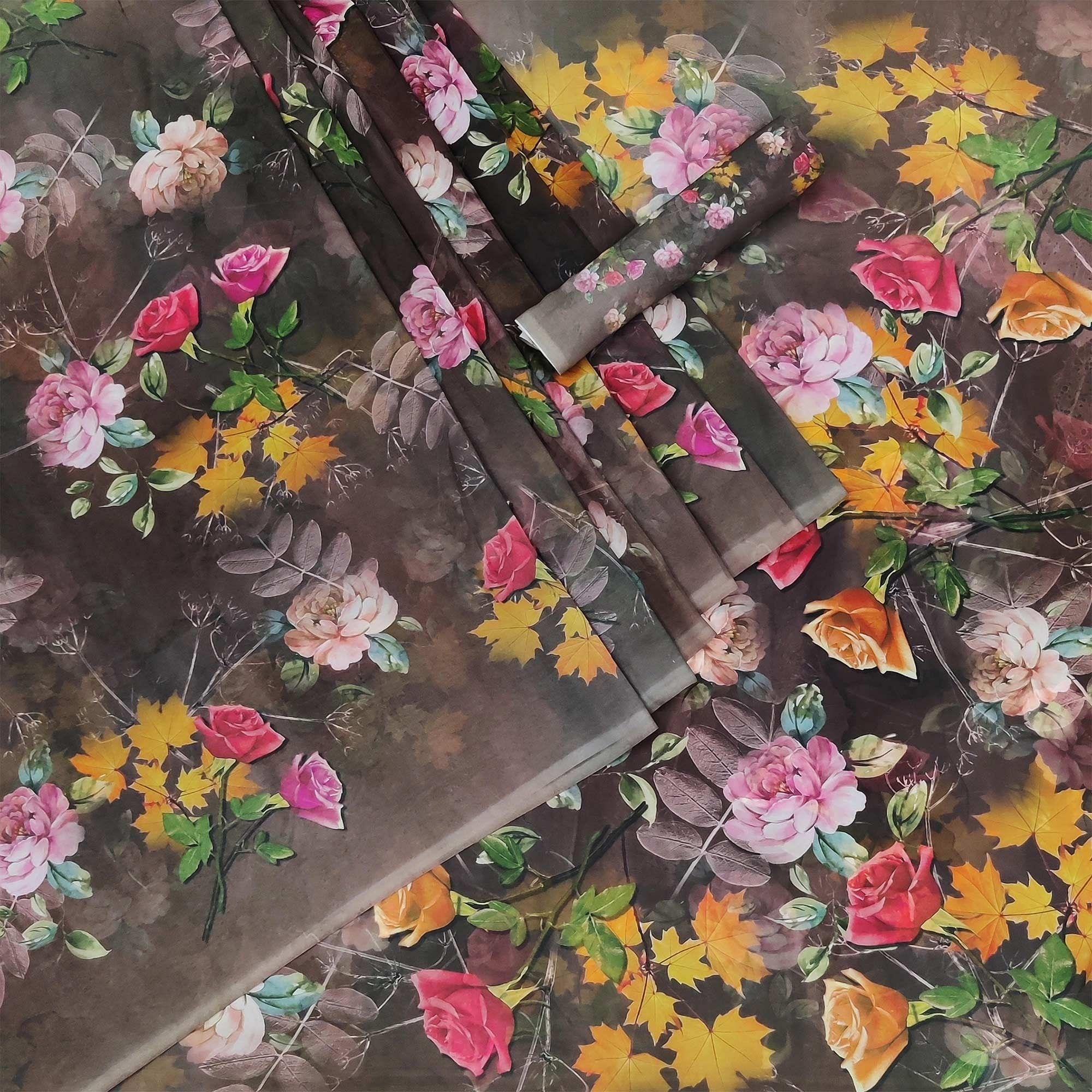 Brown Casual Wear Floral Printed Georgette Saree - Peachmode