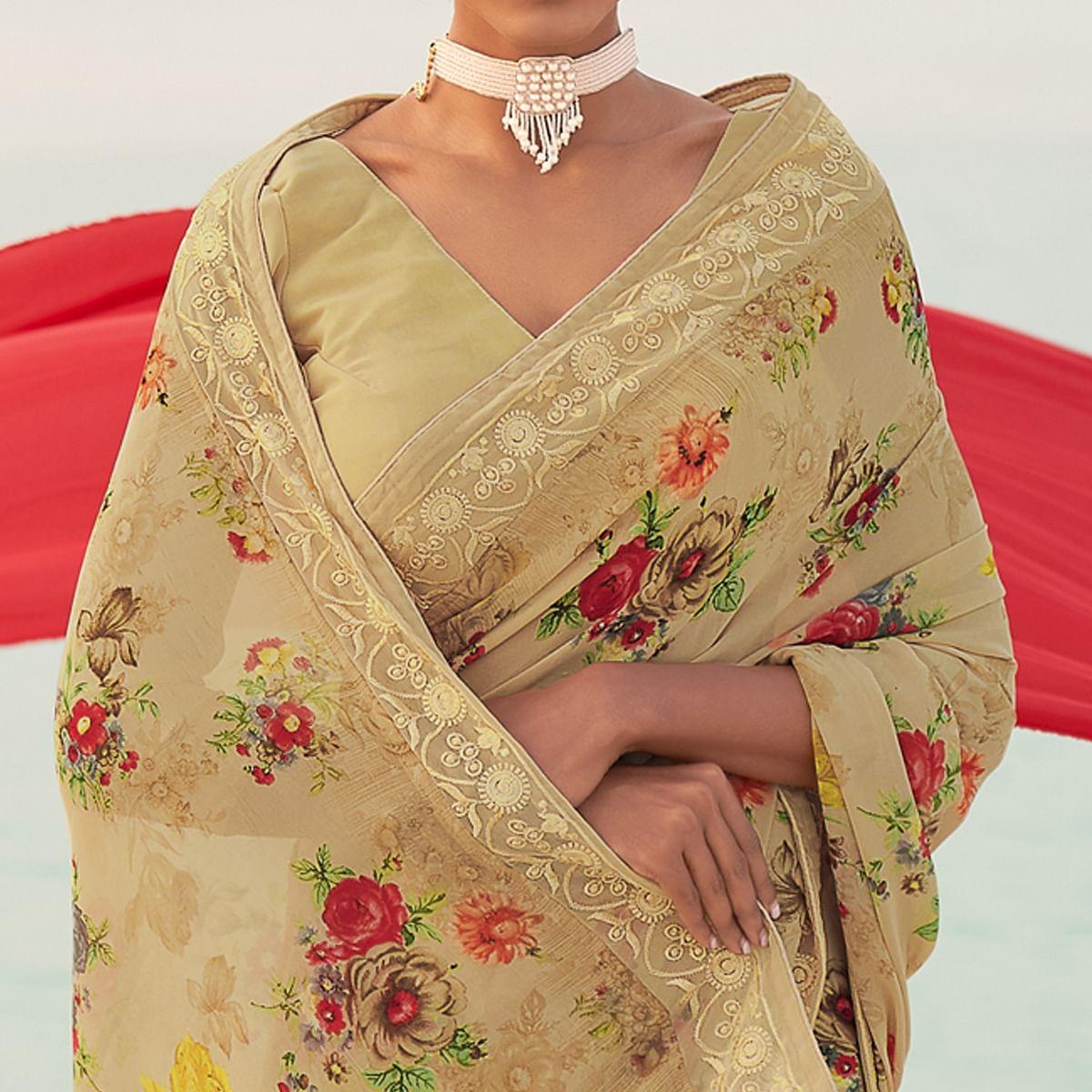 Brown Casual Wear Floral Printed Georgette Saree - Peachmode