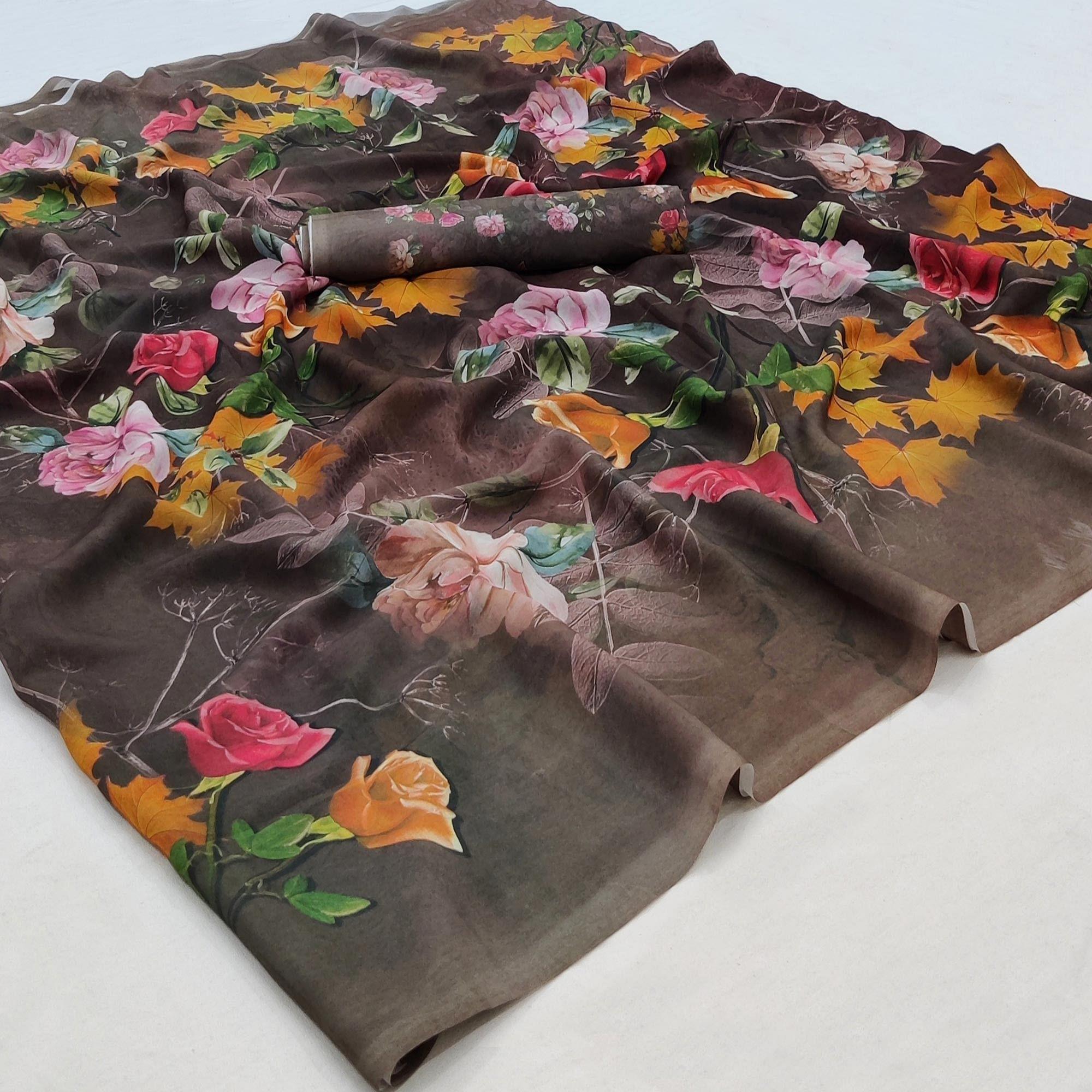 Brown Casual Wear Floral Printed Georgette Saree - Peachmode