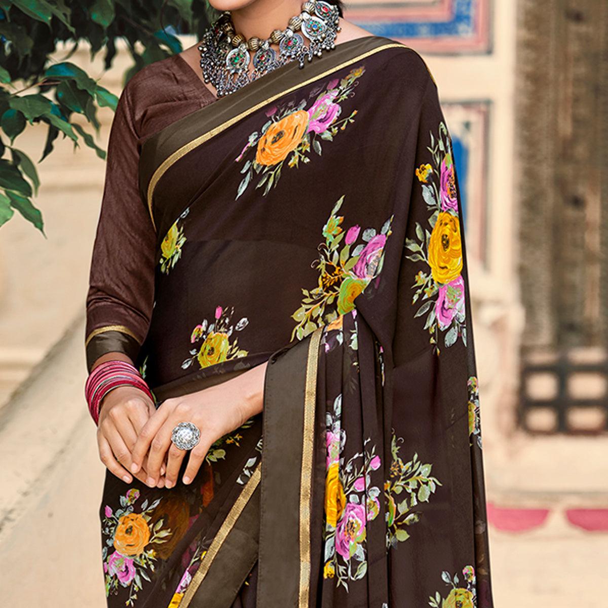 Brown Casual Wear Floral Printed Georgette Saree - Peachmode