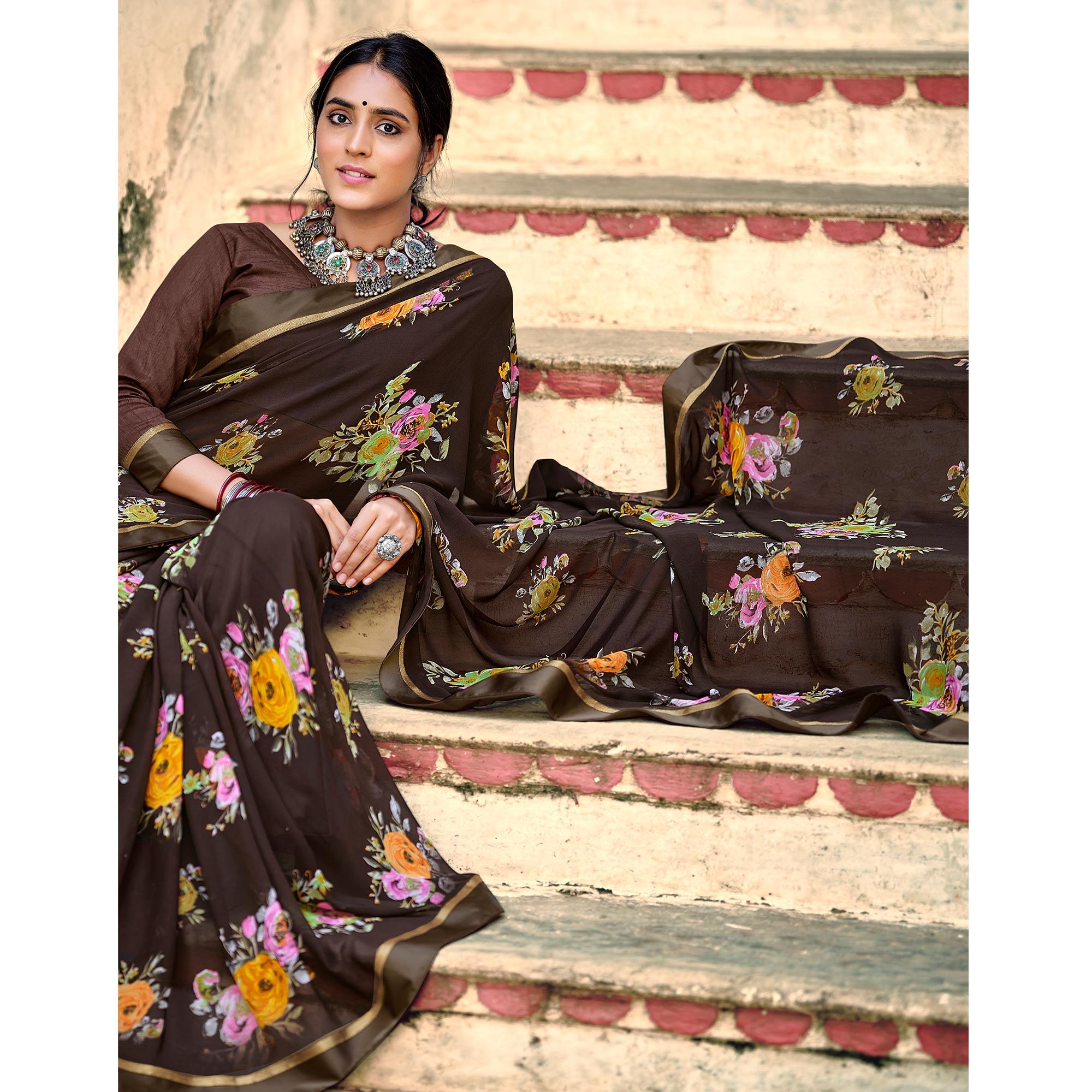 Brown Casual Wear Floral Printed Georgette Saree - Peachmode