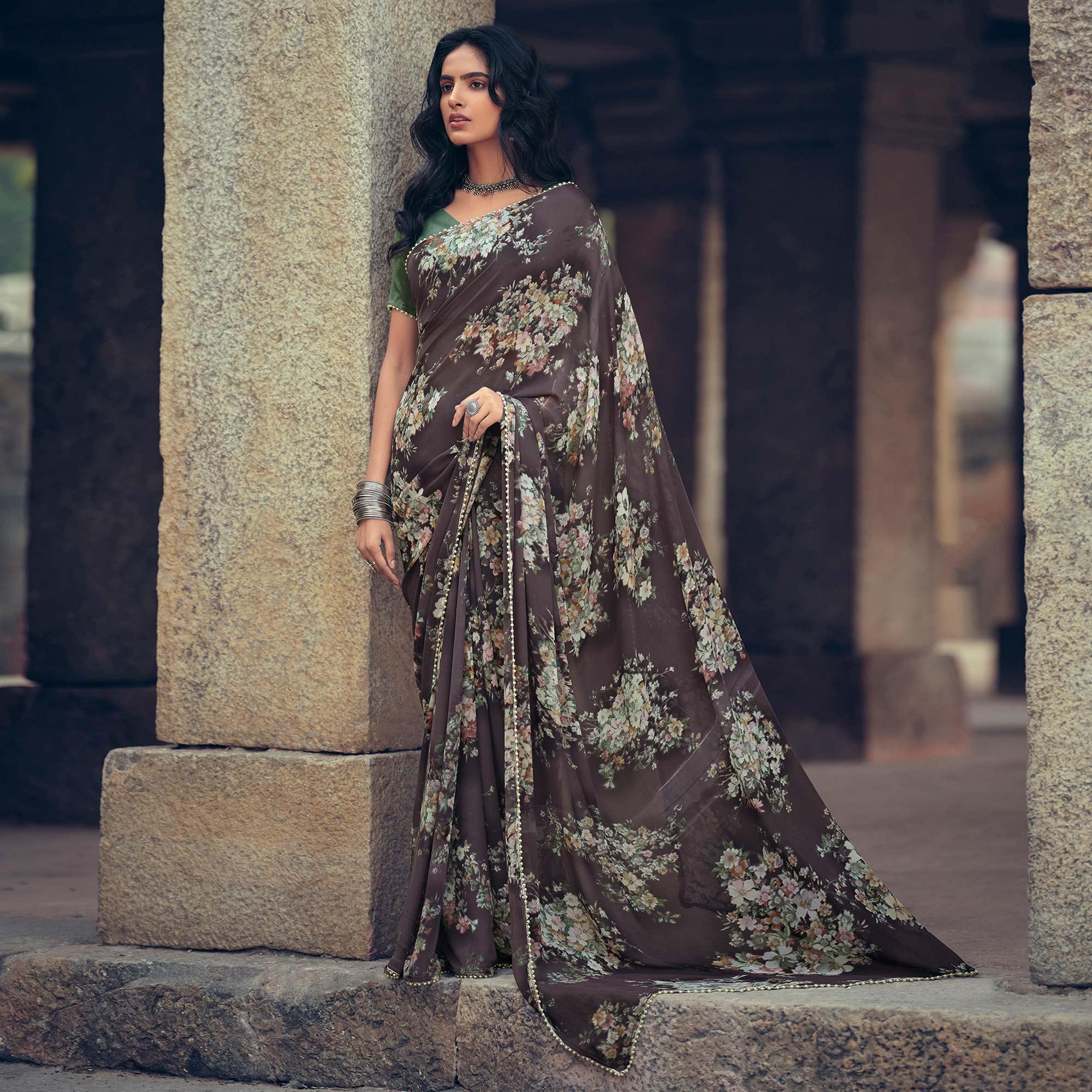 Brown Casual Wear Floral Printed Georgette Saree With Pearl Beads lace - Peachmode