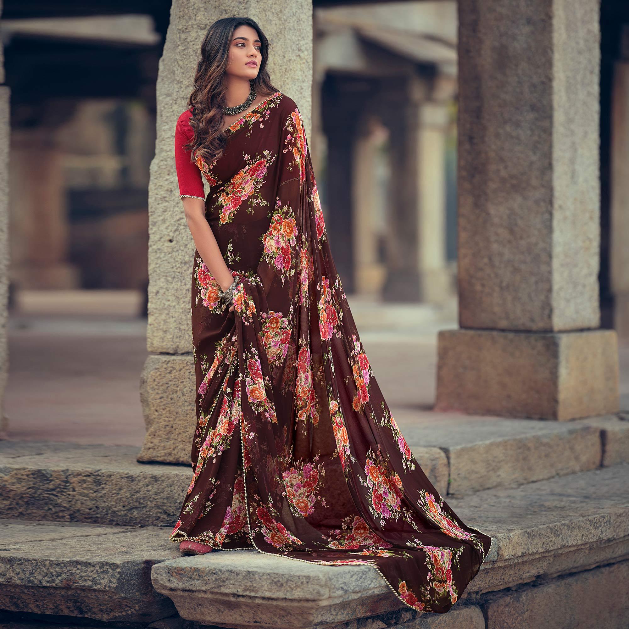 Brown Casual Wear Floral Printed Georgette Saree With Pearl Beads lace - Peachmode