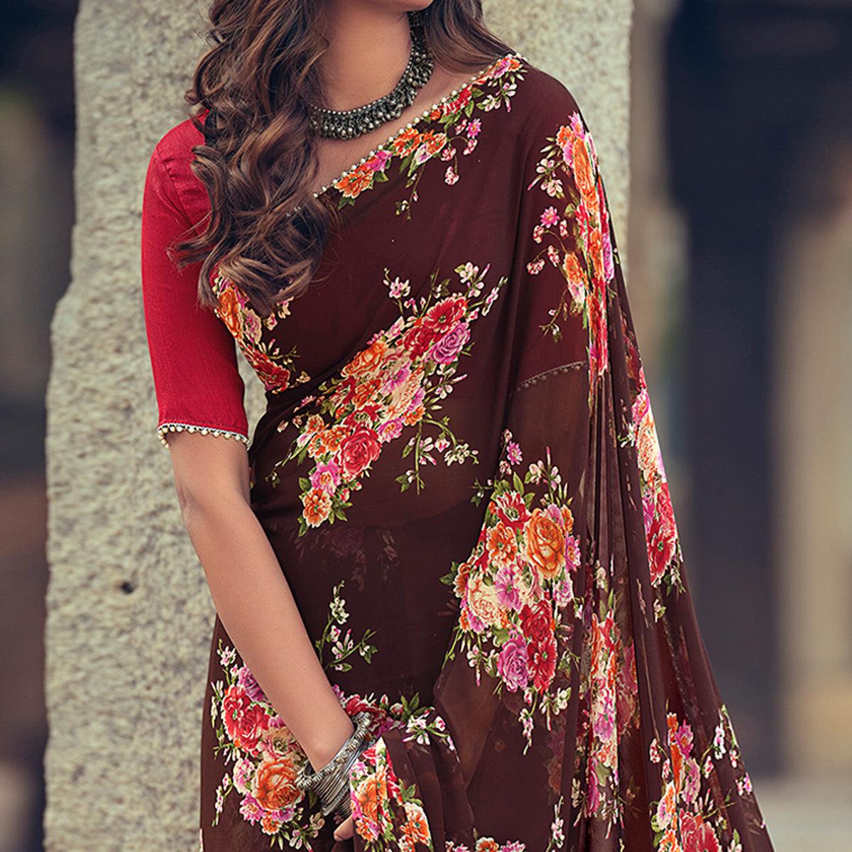 Brown Casual Wear Floral Printed Georgette Saree With Pearl Beads lace - Peachmode
