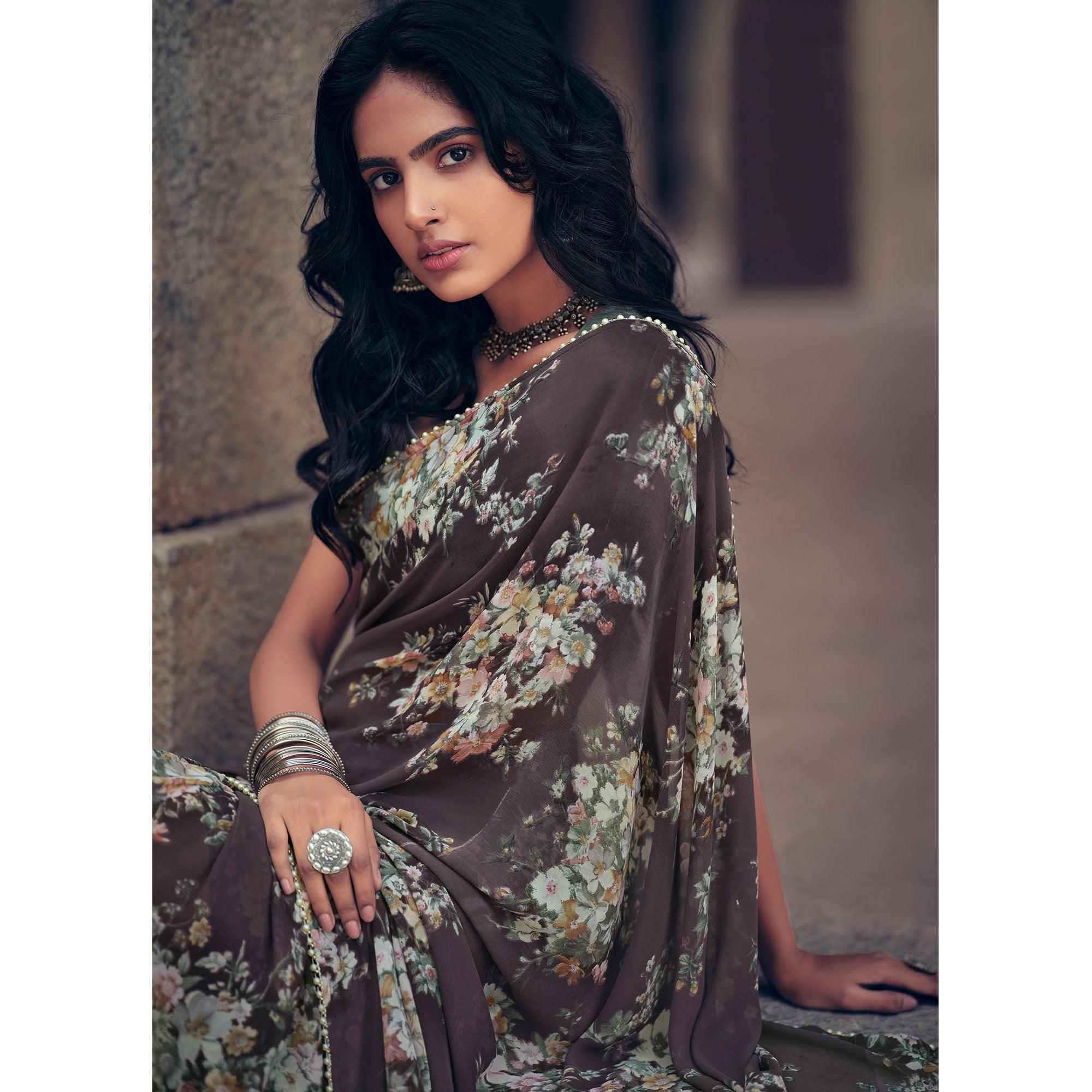 Brown Casual Wear Floral Printed Georgette Saree With Pearl Beads lace - Peachmode