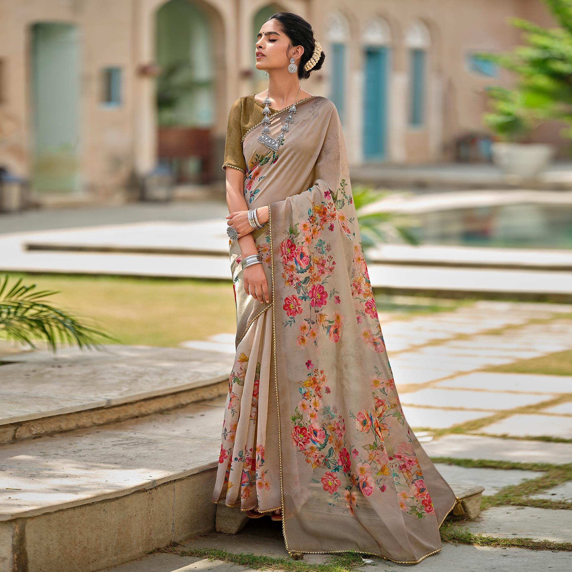 Brown Casual Wear Floral Printed Heavy Organza Silk Saree - Peachmode