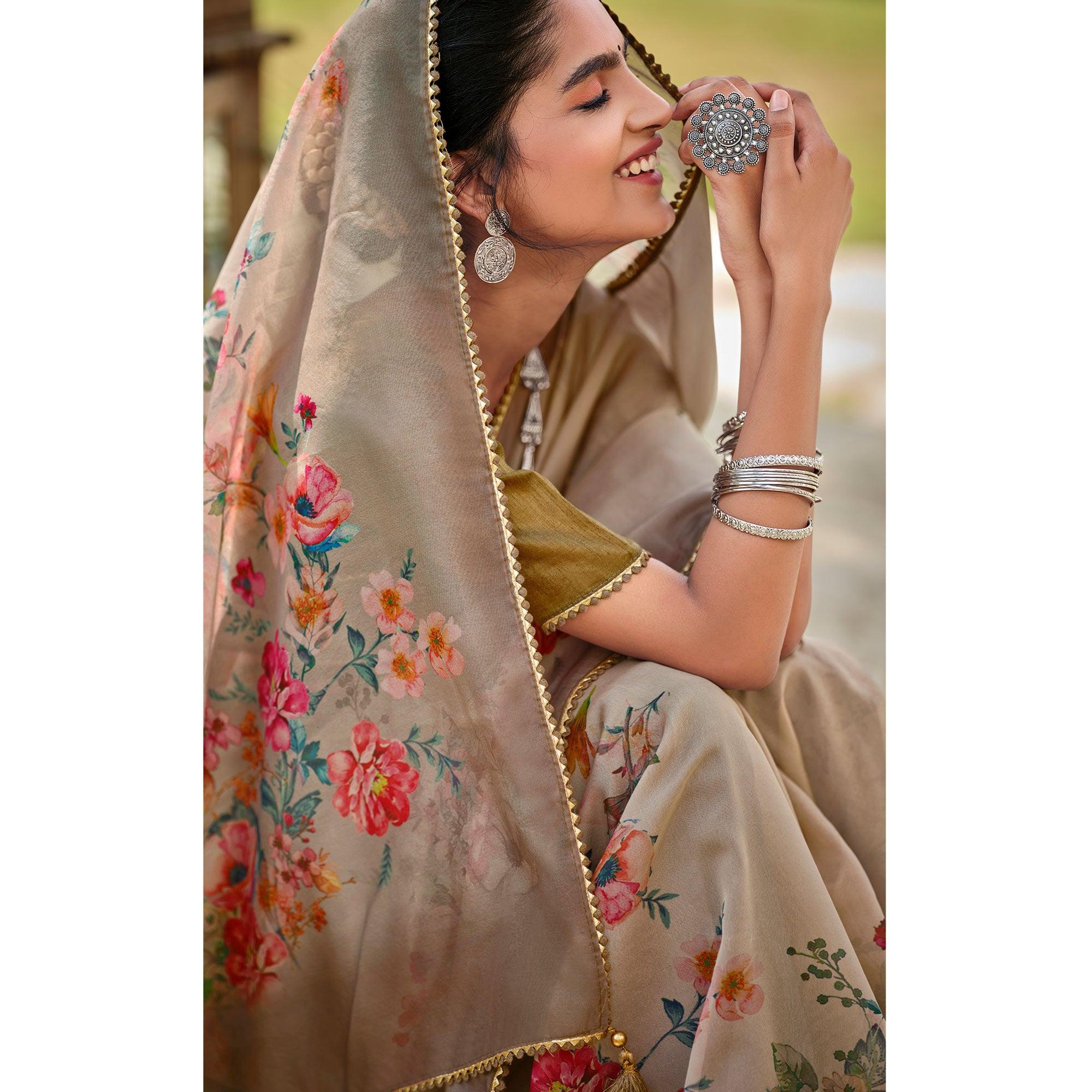 Brown Casual Wear Floral Printed Heavy Organza Silk Saree - Peachmode