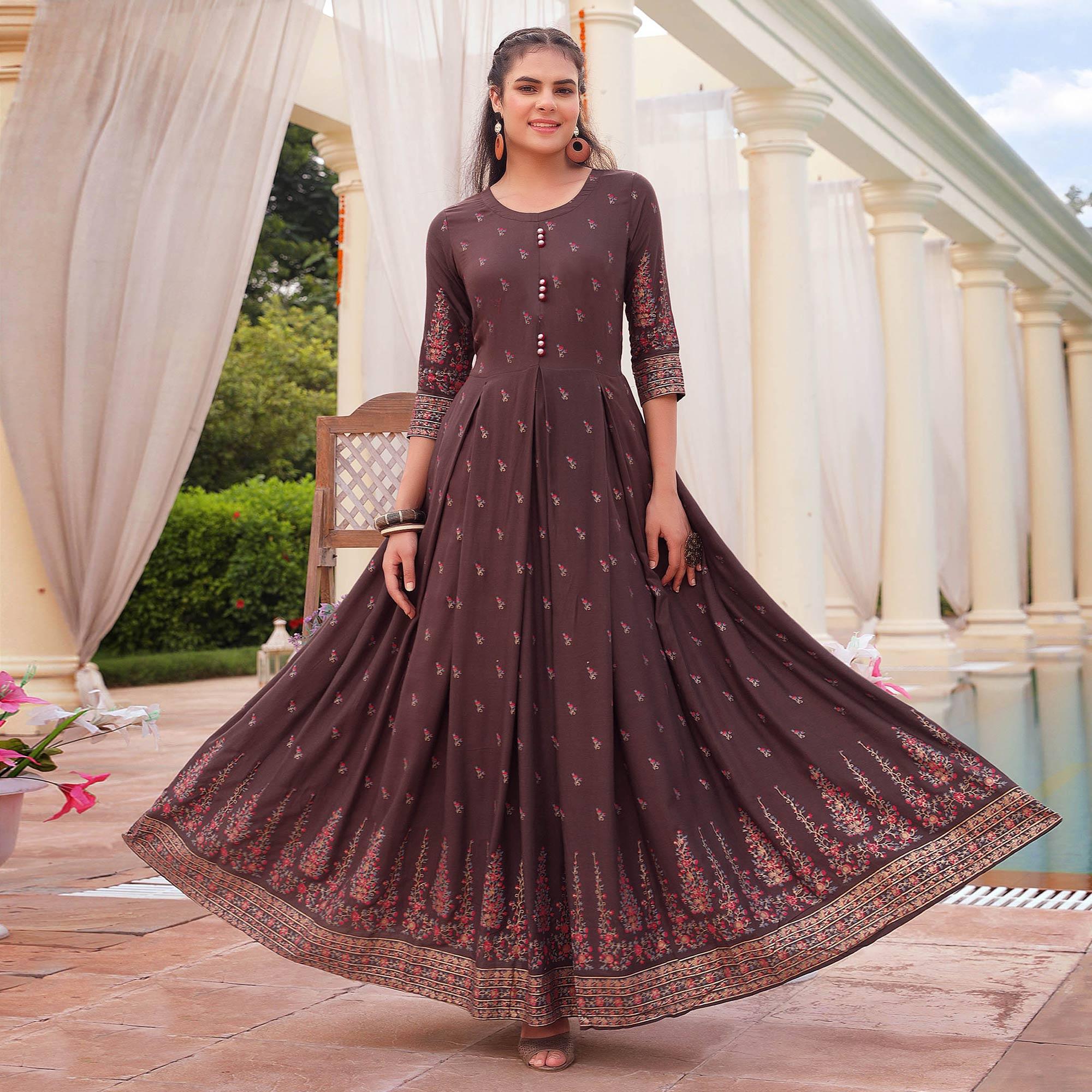 Brown Casual Wear Floral Printed Heavy Rayon Gown - Peachmode
