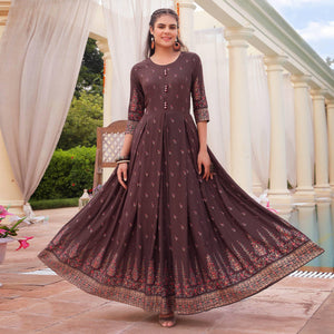 Brown Casual Wear Floral Printed Heavy Rayon Gown - Peachmode