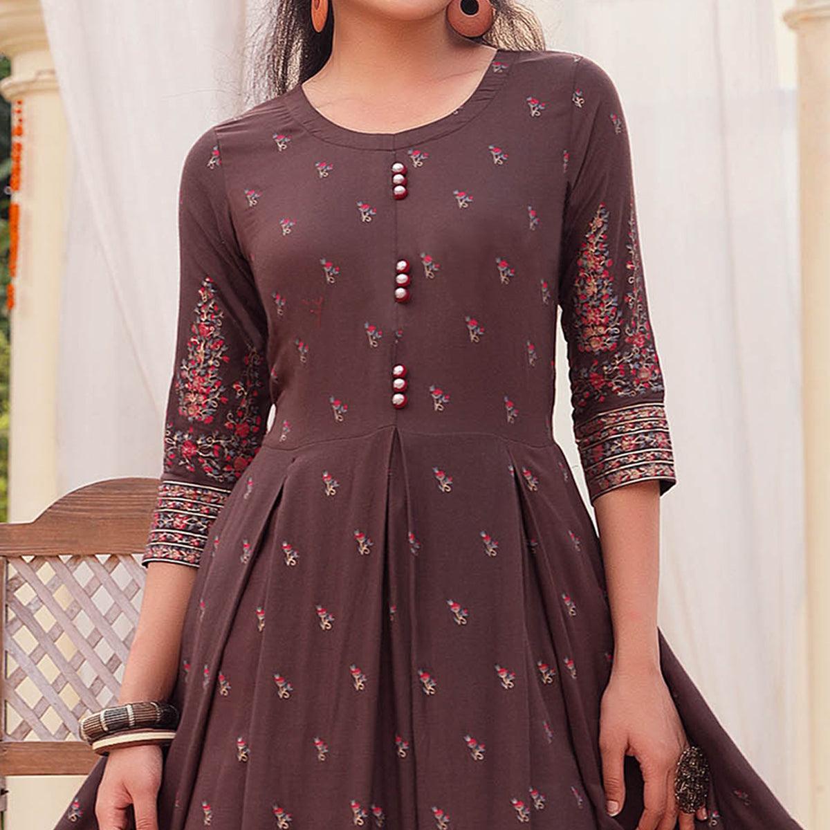 Brown Casual Wear Floral Printed Heavy Rayon Gown - Peachmode