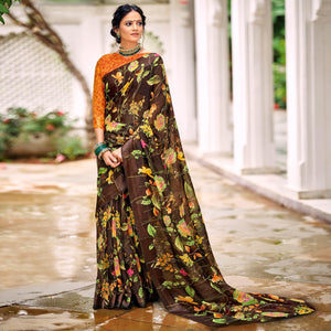 Brown Casual Wear Floral Printed Satin Saree - Peachmode