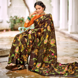 Brown Casual Wear Floral Printed Satin Saree - Peachmode