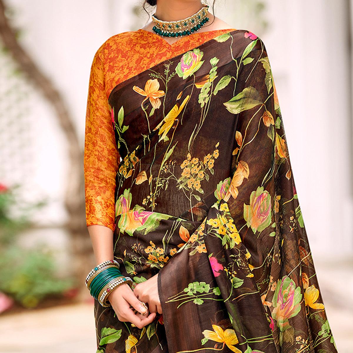 Brown Casual Wear Floral Printed Satin Saree - Peachmode