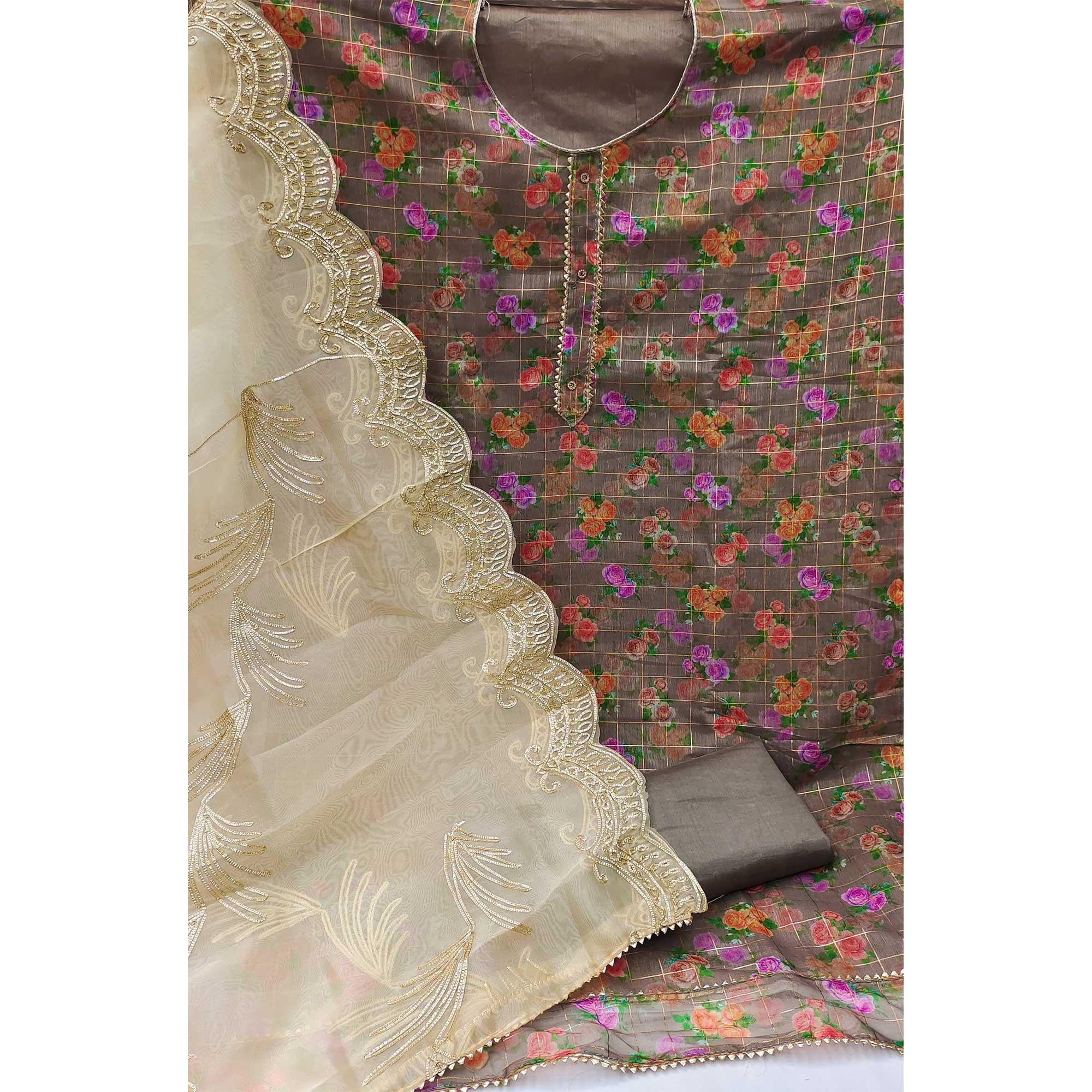 Brown Casual Wear Floral Printed With Checks Chanderi Dress Material - Peachmode