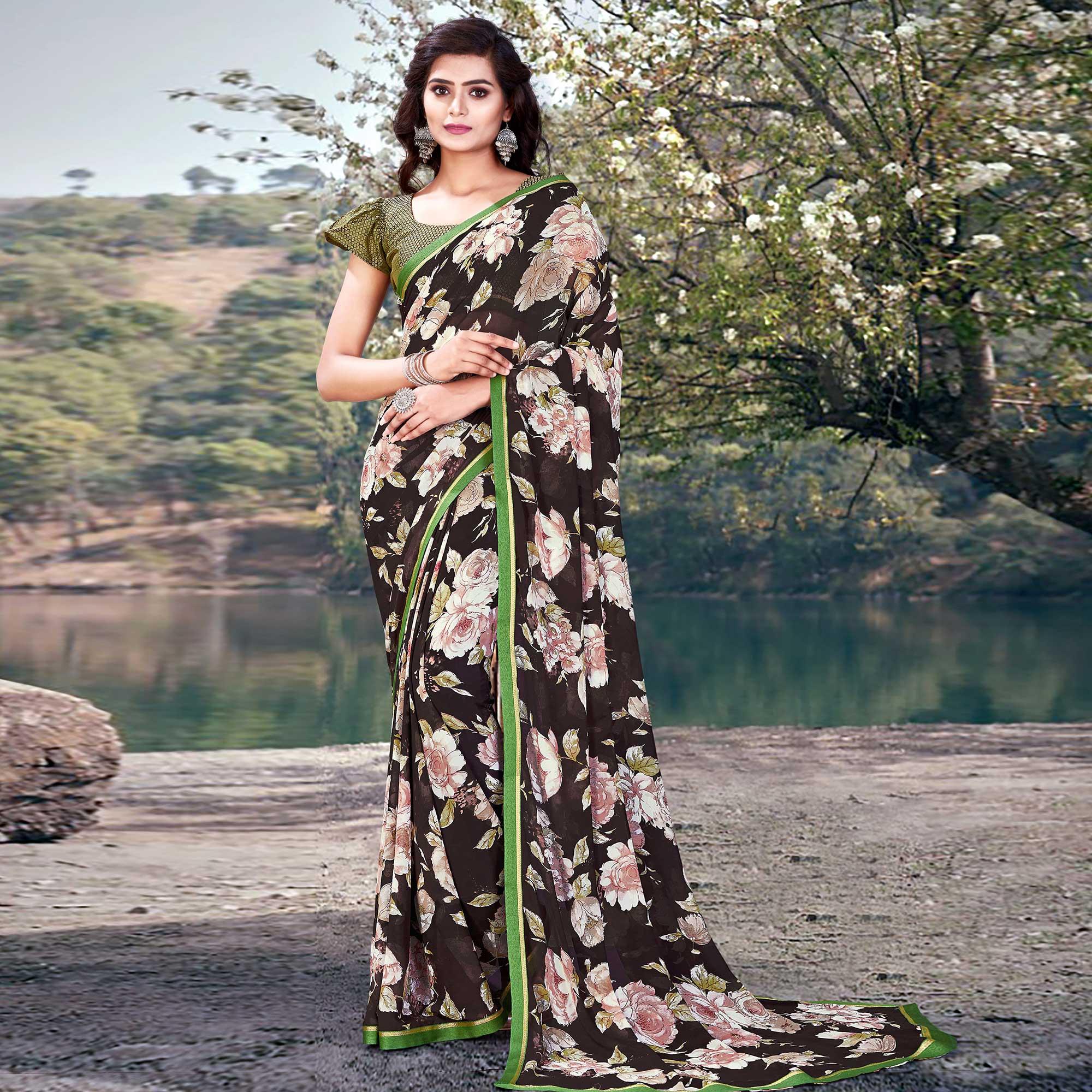 Brown Casual Wear Floral Printed With Lace Border Weightless Georgette Saree - Peachmode