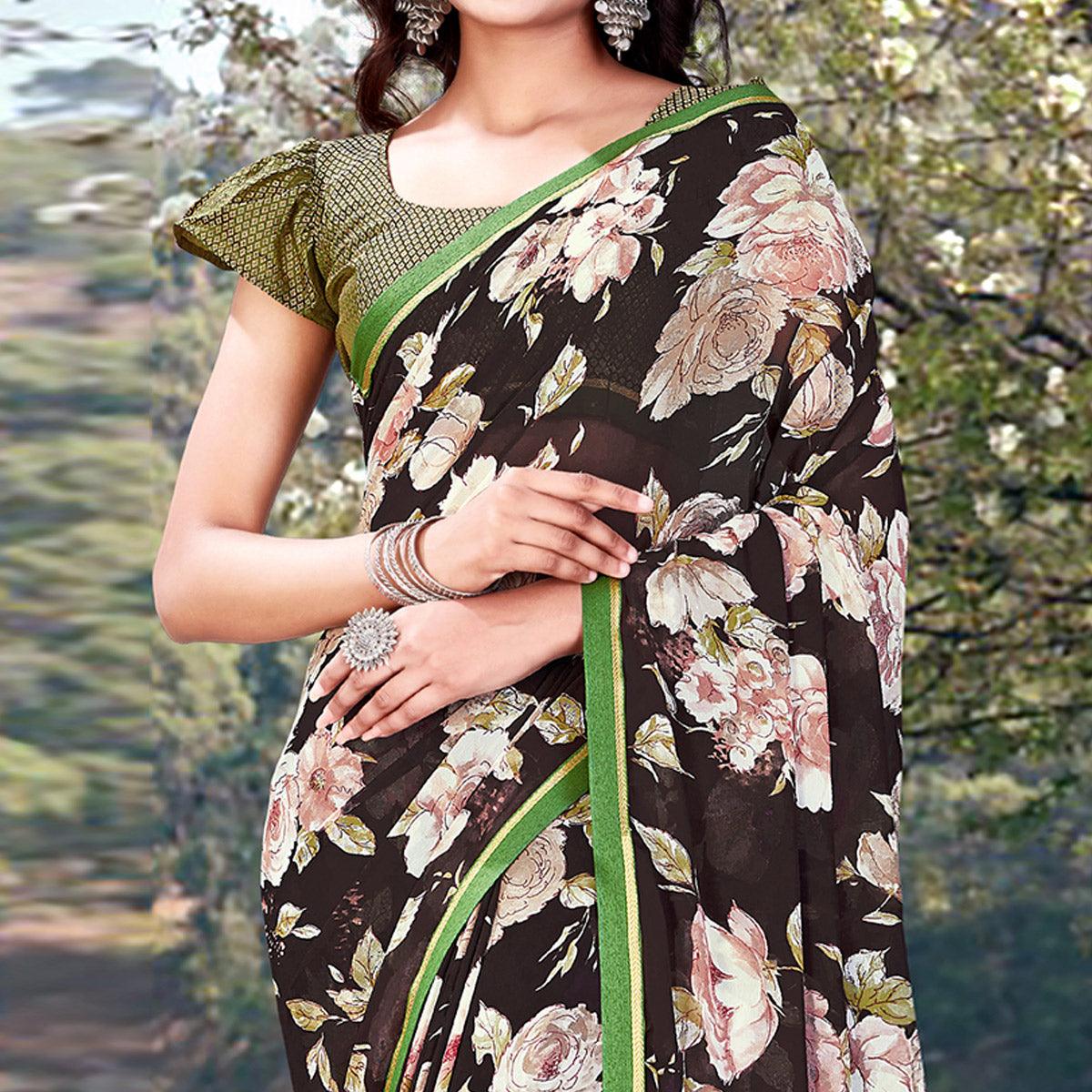 Brown Casual Wear Floral Printed With Lace Border Weightless Georgette Saree - Peachmode