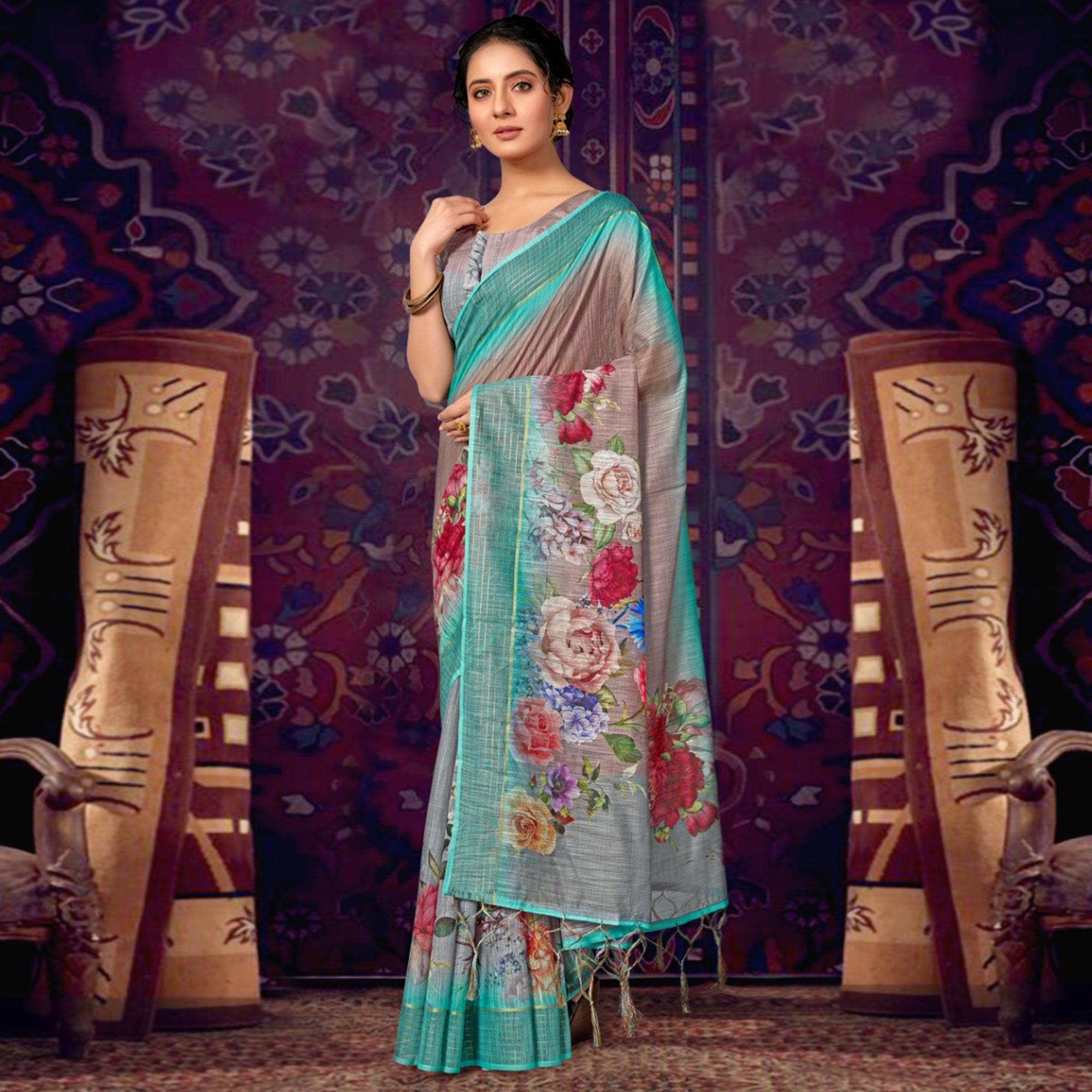 Brown Casual Wear Floral Soft Cotton Saree - Peachmode