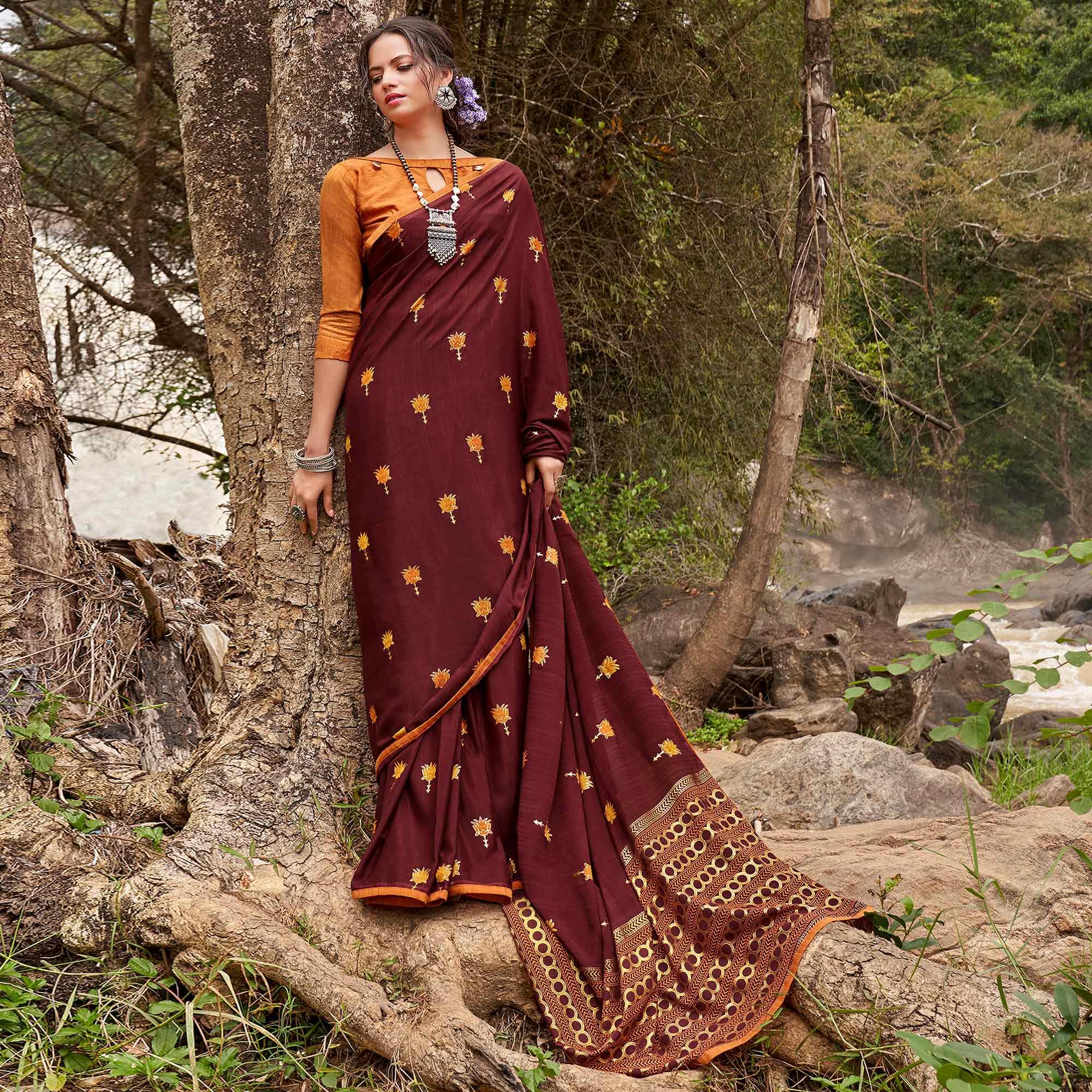 Brown Casual Wear Foil Printed Chiffon Saree - Peachmode
