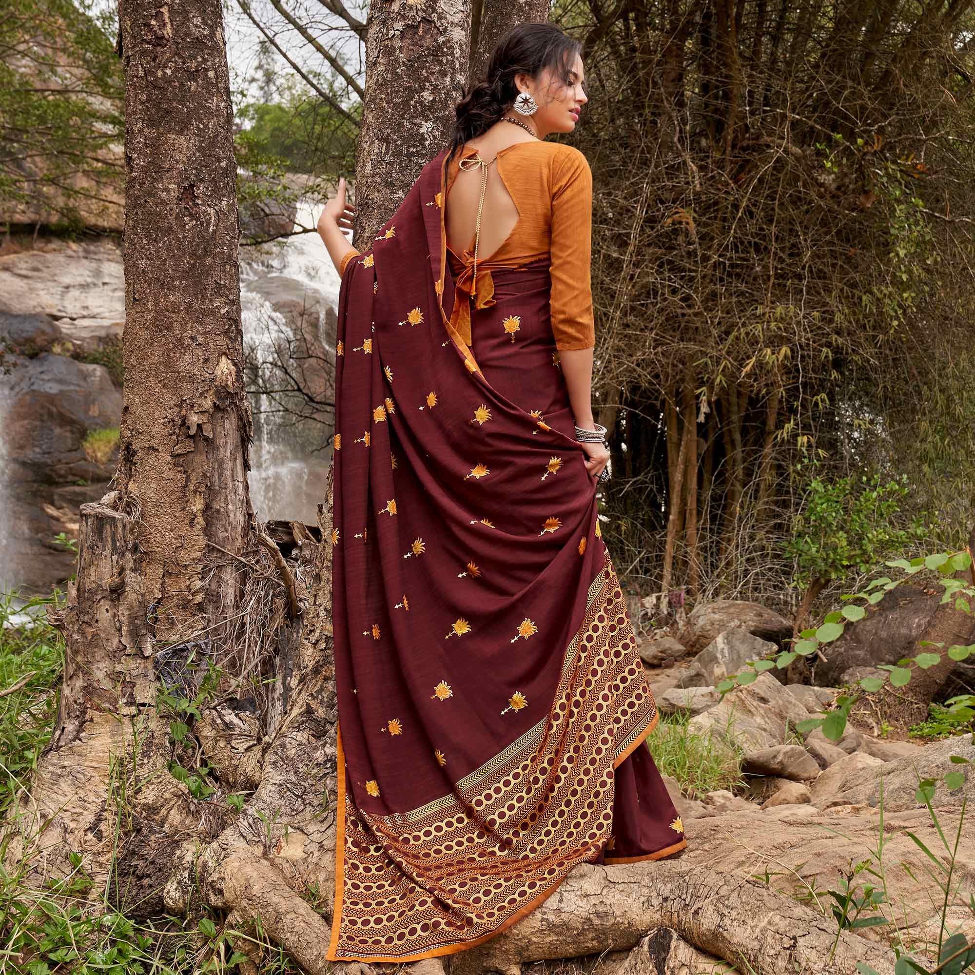 Brown Casual Wear Foil Printed Chiffon Saree - Peachmode