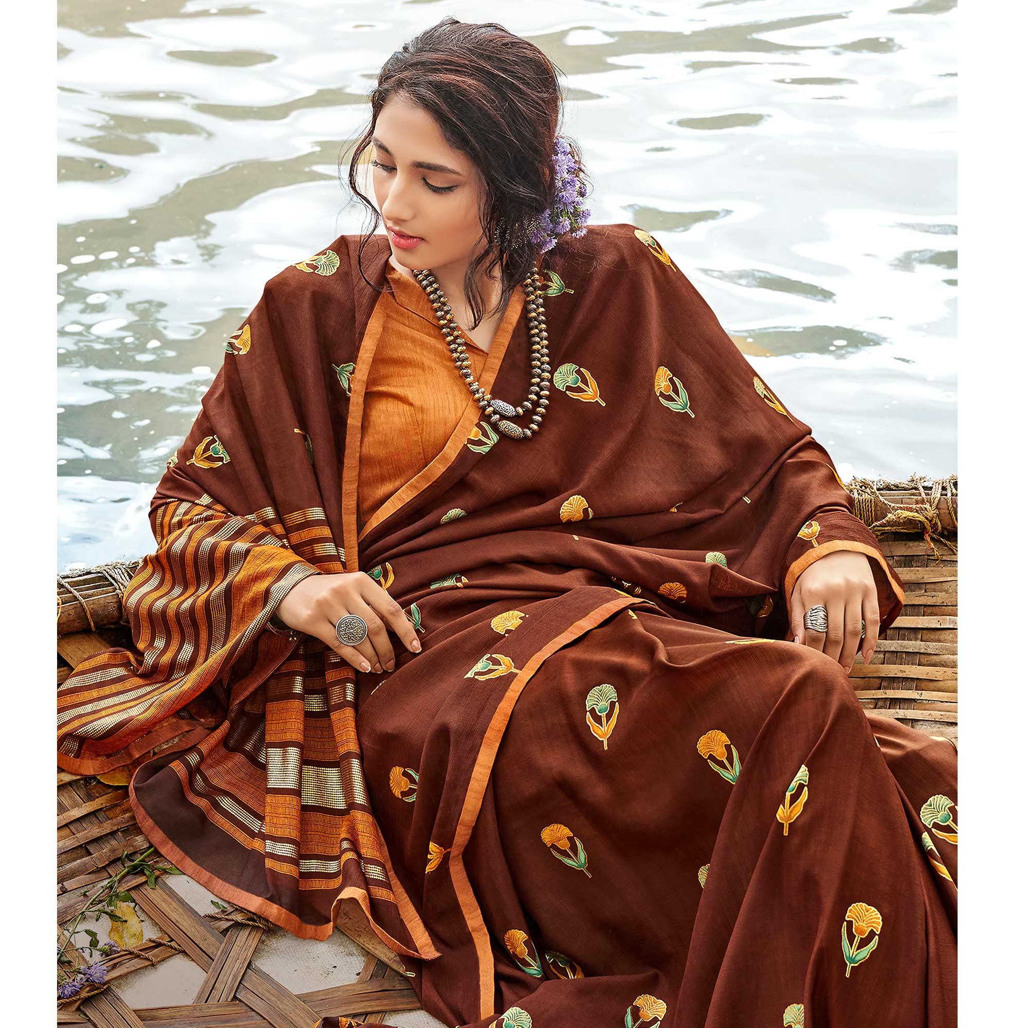 Brown Casual Wear Foil Printed Chiffon Saree - Peachmode