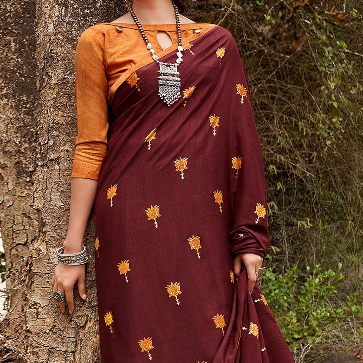 Brown Casual Wear Foil Printed Chiffon Saree - Peachmode