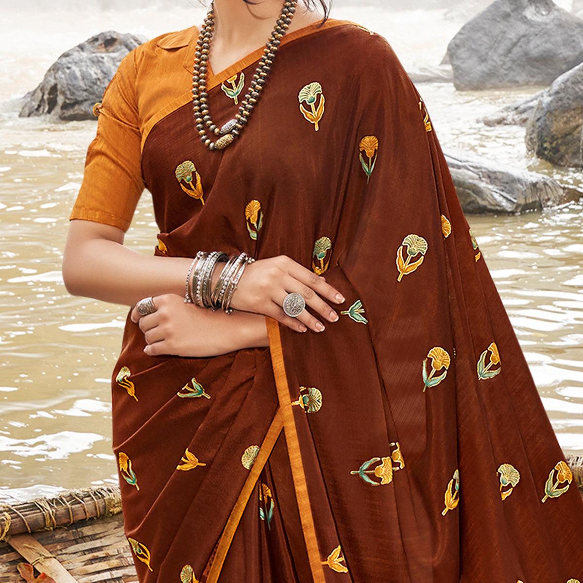 Brown Casual Wear Foil Printed Chiffon Saree - Peachmode