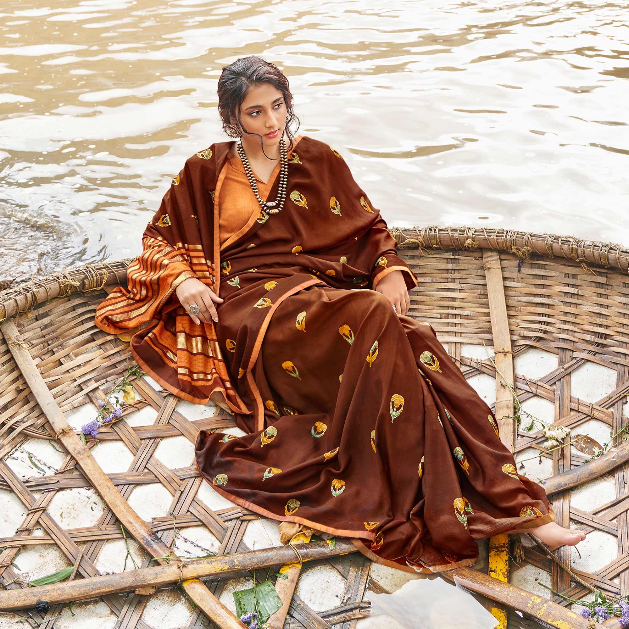 Brown Casual Wear Foil Printed Chiffon Saree - Peachmode