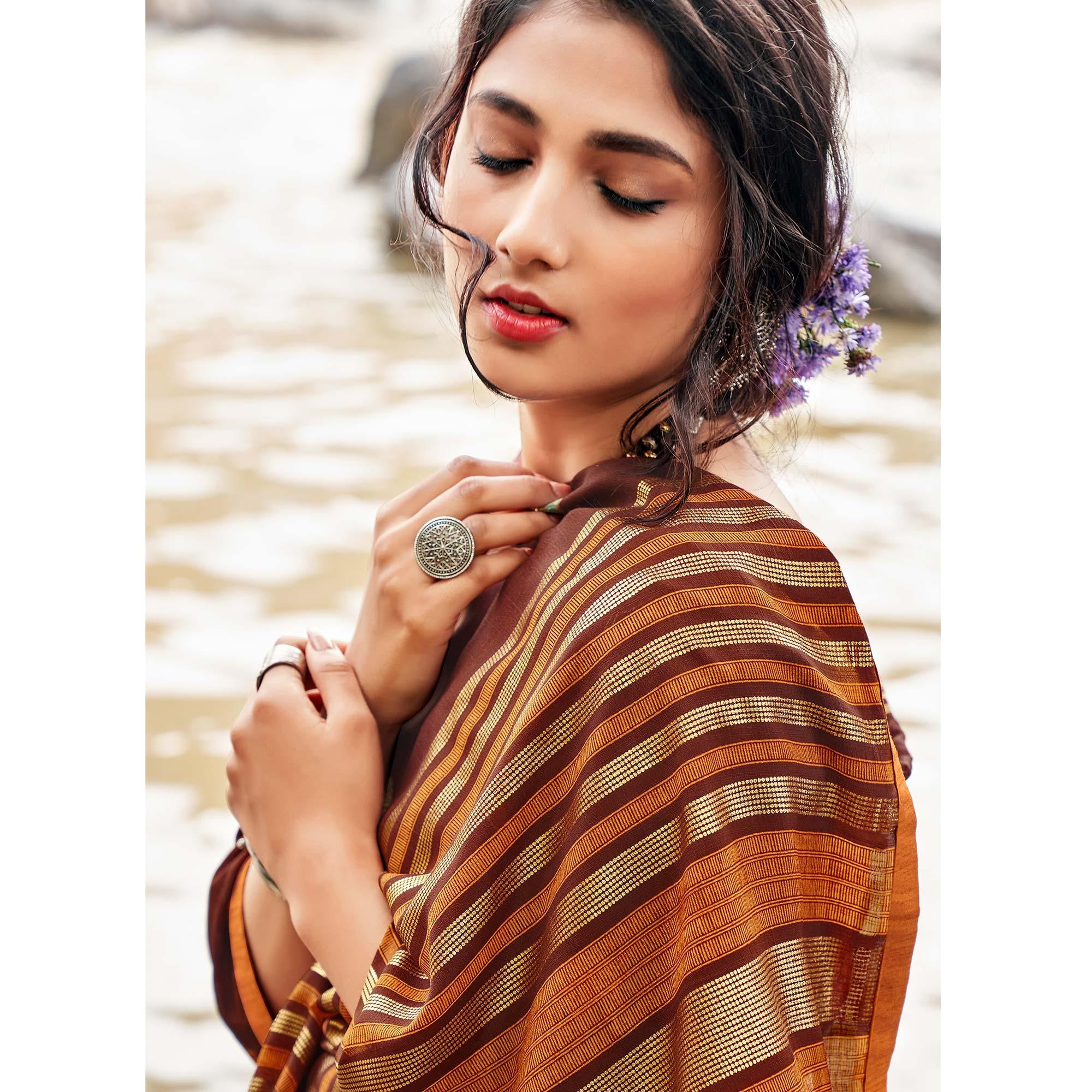Brown Casual Wear Foil Printed Chiffon Saree - Peachmode