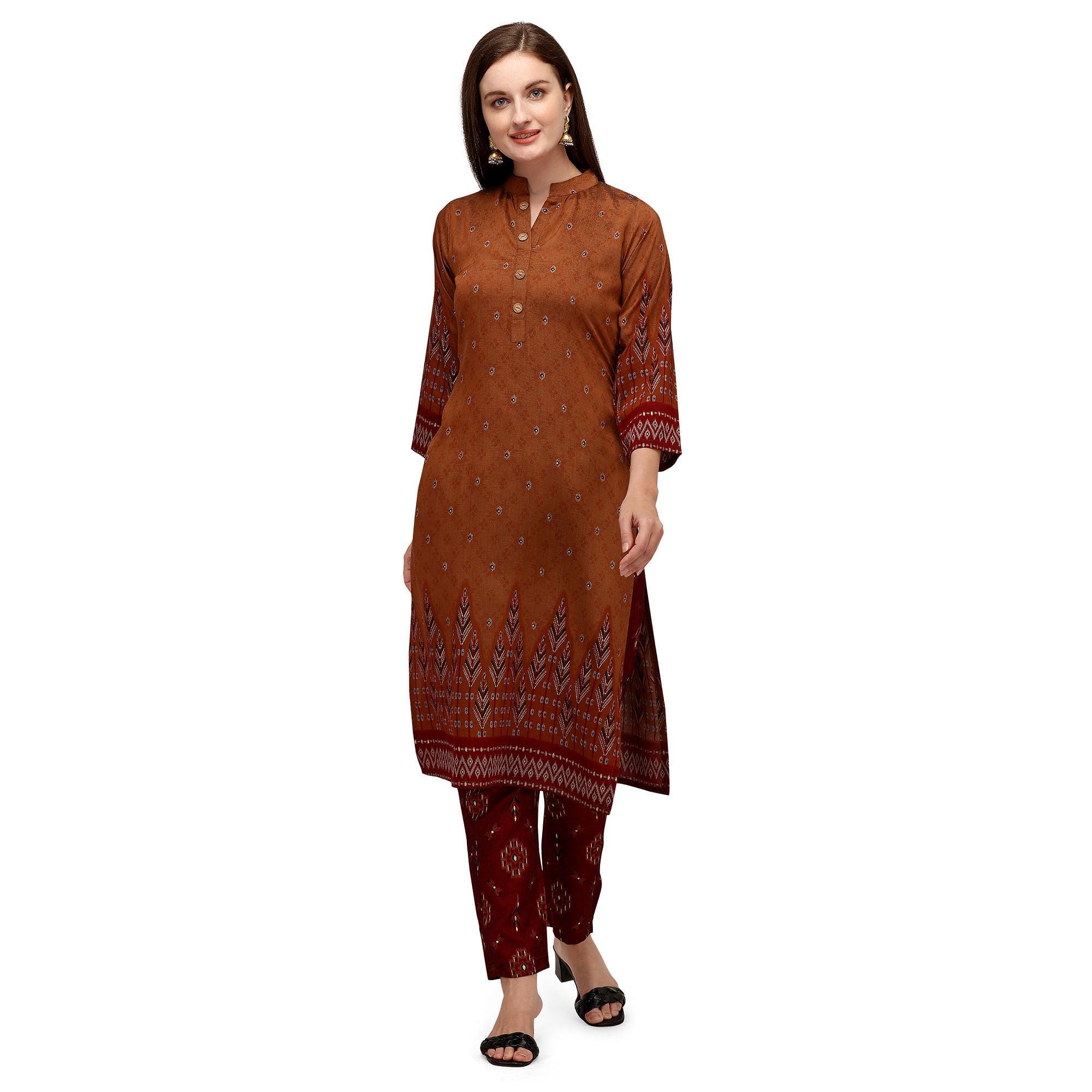 Brown Casual Wear Foil Printed Muslin Silk Kurti With Palazzo Set - Peachmode