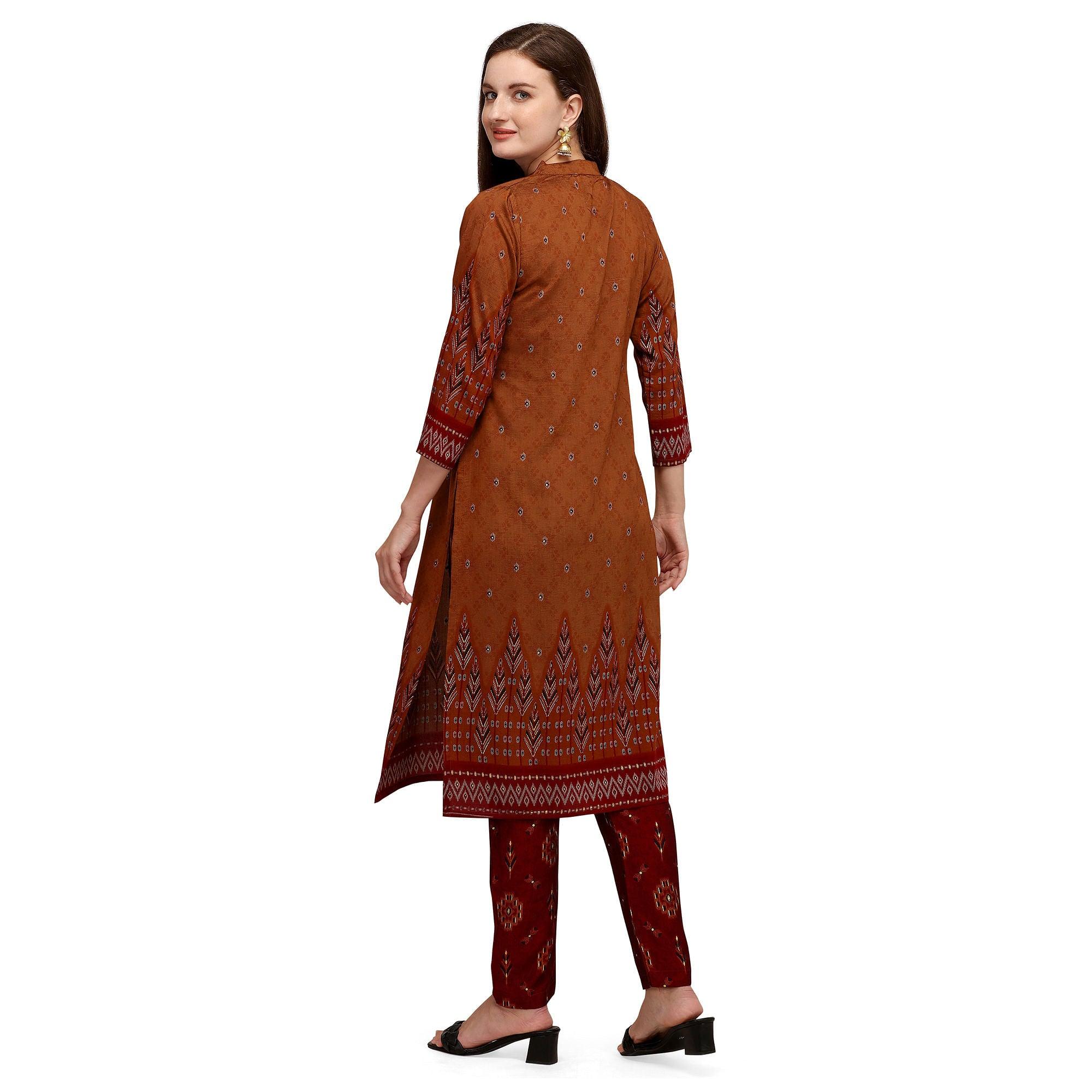 Brown Casual Wear Foil Printed Muslin Silk Kurti With Palazzo Set - Peachmode